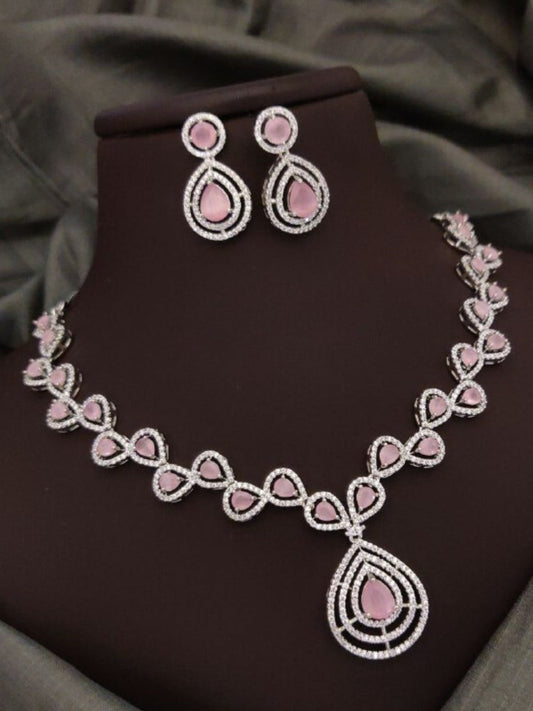 Pink Partywear American Diamond Necklace Set By House of Ree