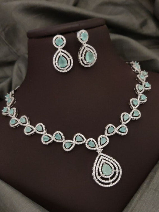 Mint Green Partywear American Diamond Necklace Set By House of Ree
