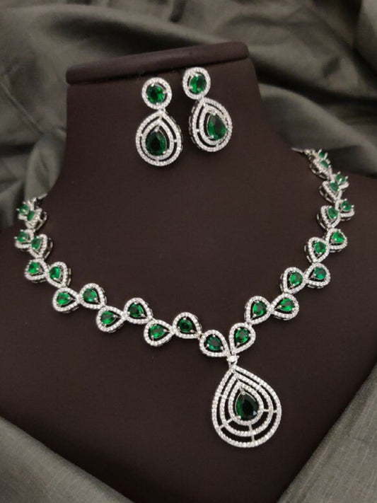 Green Partywear American Diamond Necklace Set By House of Ree House of Ree