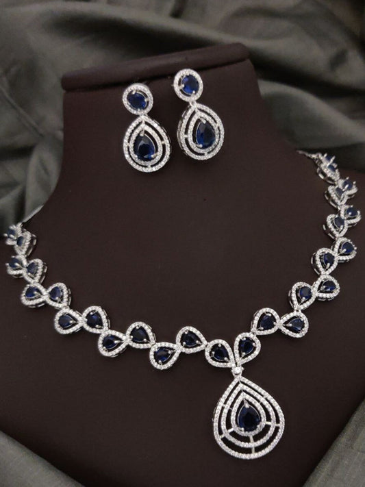 Blue Partywear American Diamond Necklace Set By House of Ree House of Ree