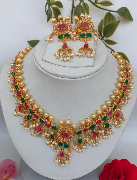 Ruby Emeralds Guttapoosalu Bridal Multicolor Jewelry Set - Grab2buy