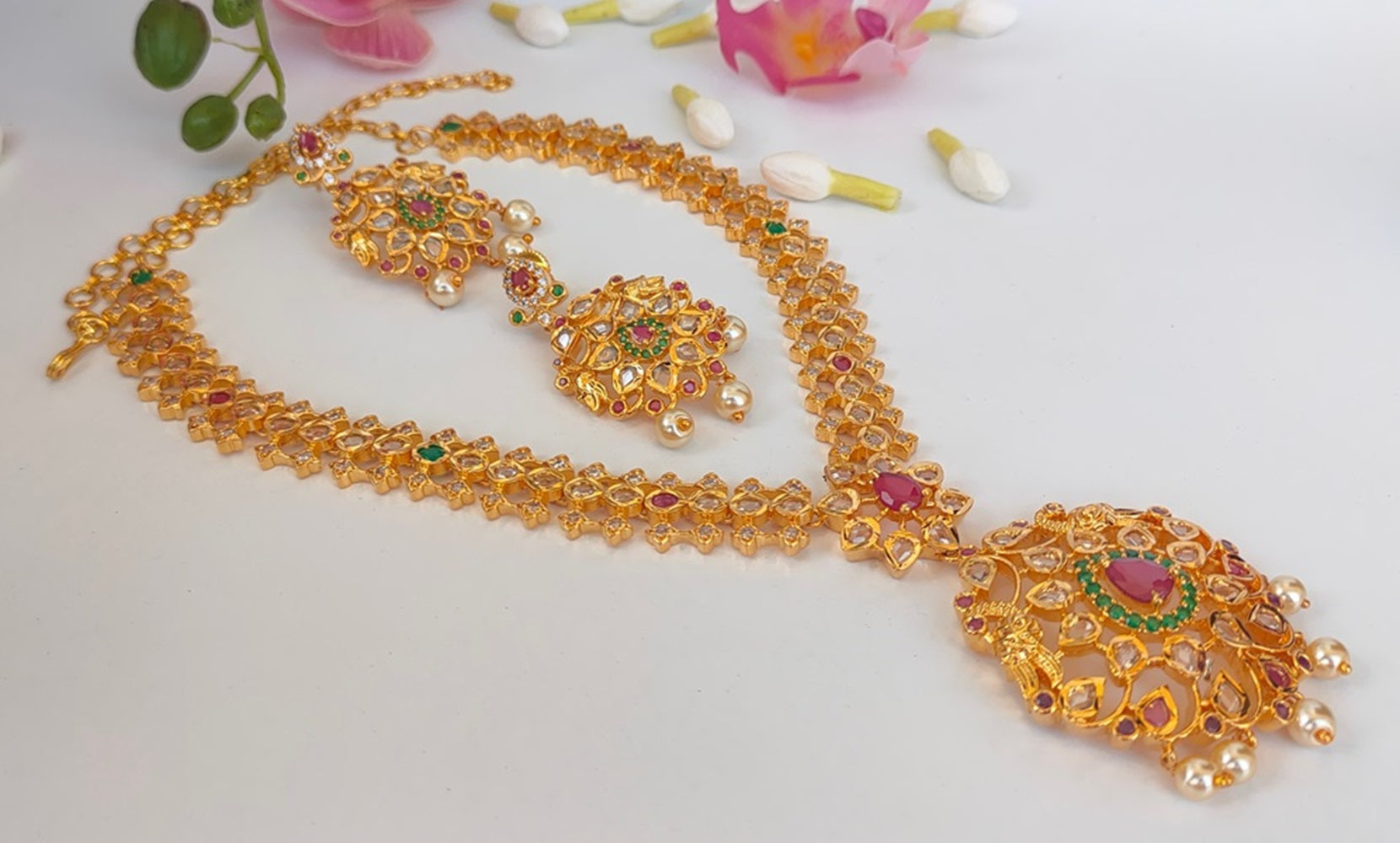 Pink & Green Bridal Necklace Set - Grab2buy