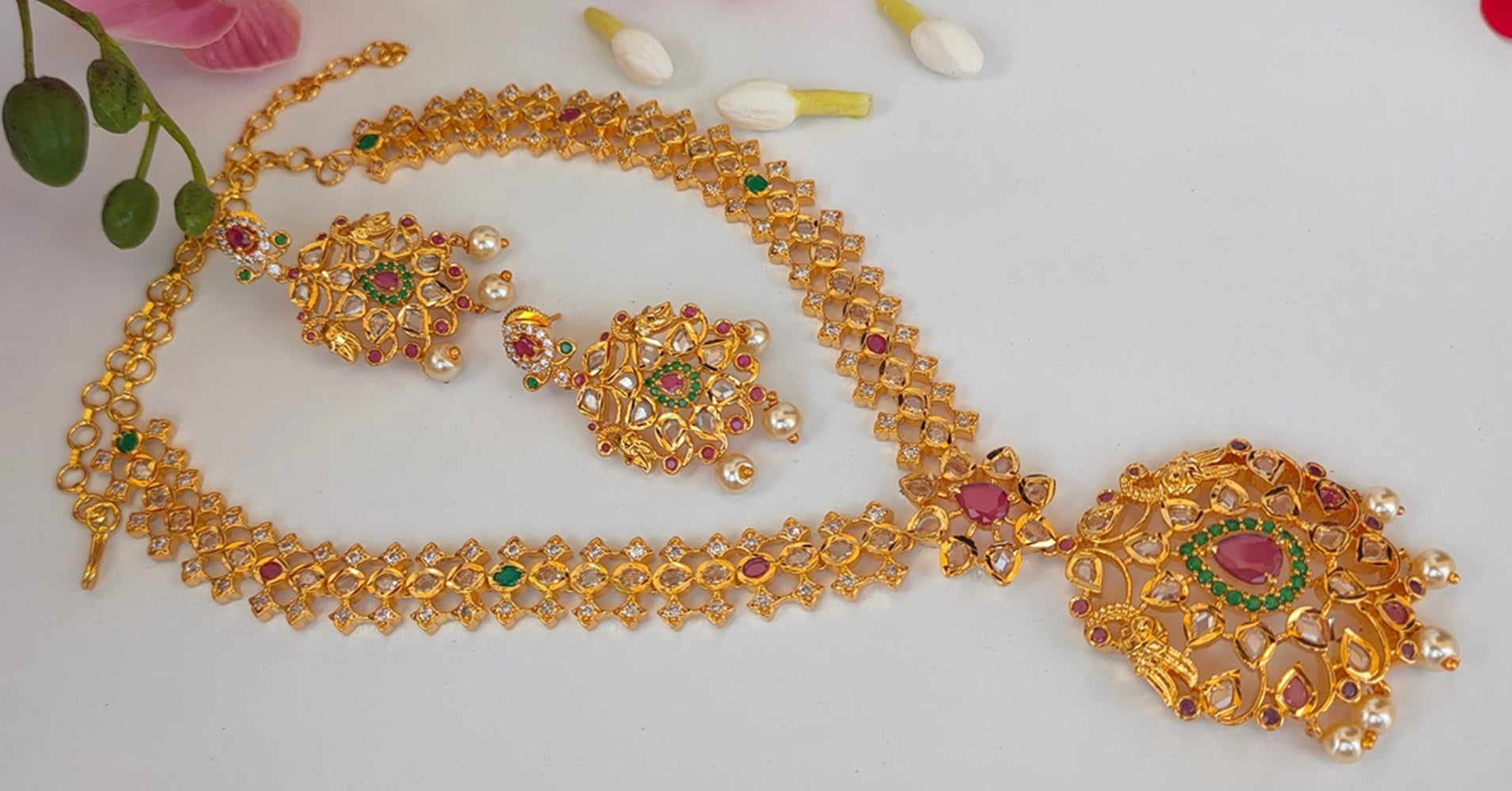 Pink & Green Bridal Necklace Set - Grab2buy