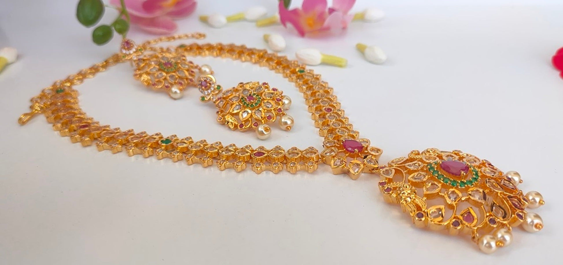 Pink & Green Bridal Necklace Set - Grab2buy