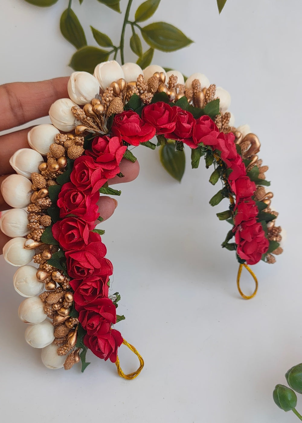 Red & Gold Flower Hair Gajra - Grab2buy