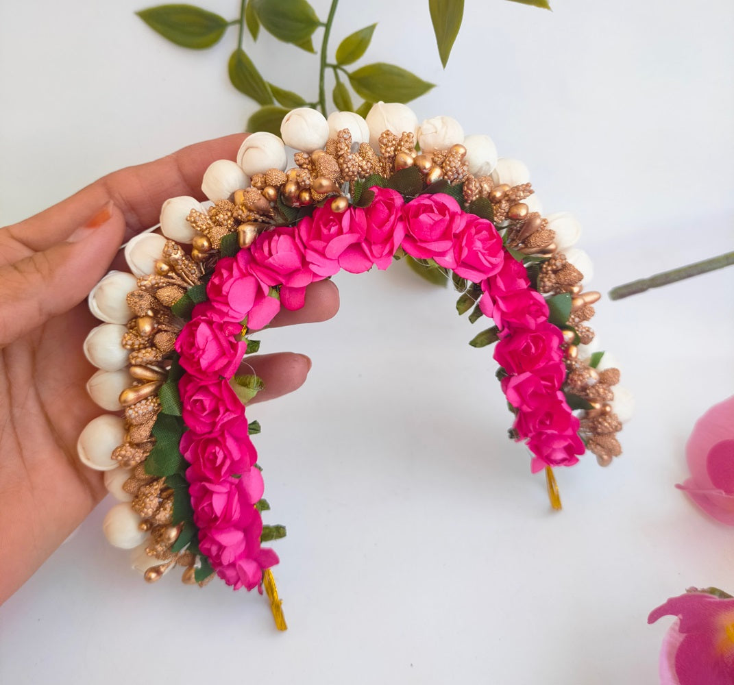 Pink & Gold Flower Hair Gajra - Grab2buy