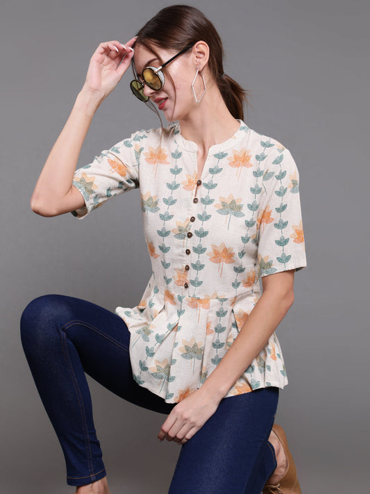 Antaran Off White Cotton Printed Cotton Flex Tunic With Box Pleat