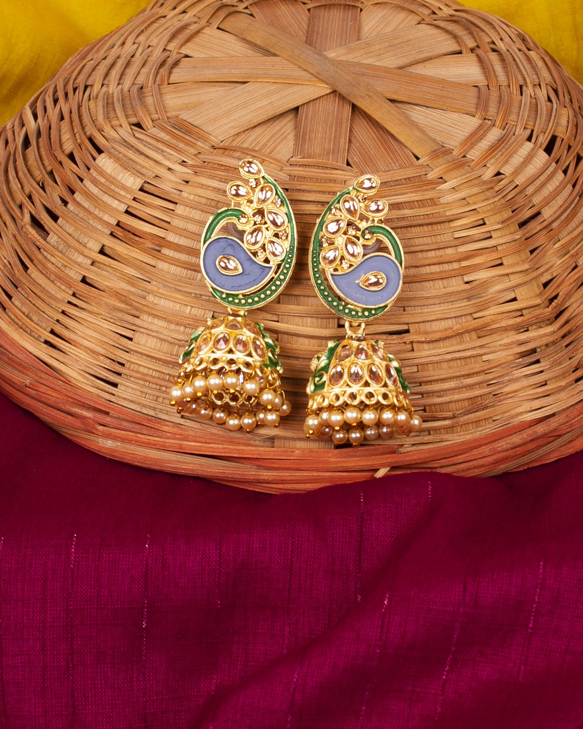 Gold-Plated Alloy Enamel & Stone Studded Jhumki Earrings - The Pari - Grab2buy