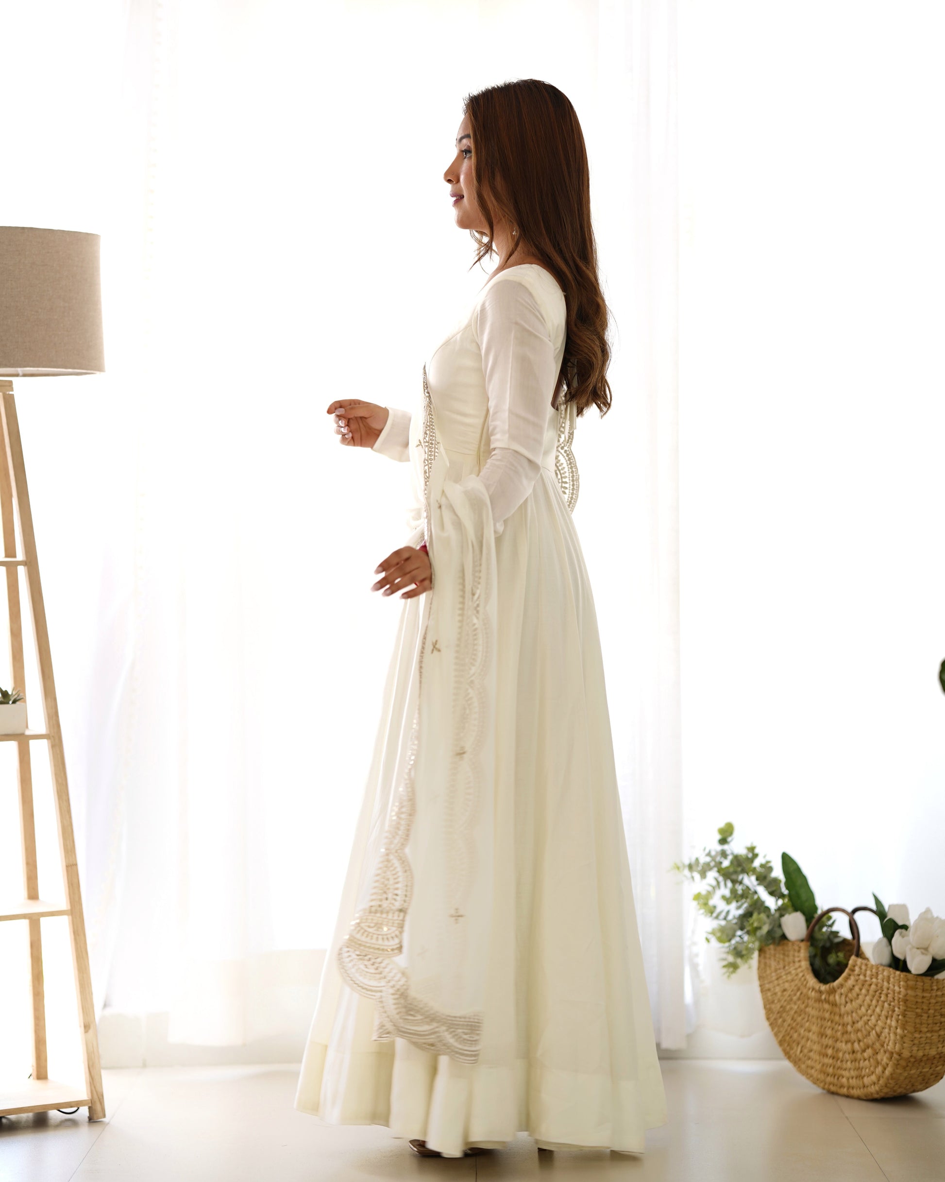 Lorenvalley Fashion Offwhite Pure Roman Silk Chanderi Fabric Fully Flared Anarkali Pant With Dupatta Set - Off White 