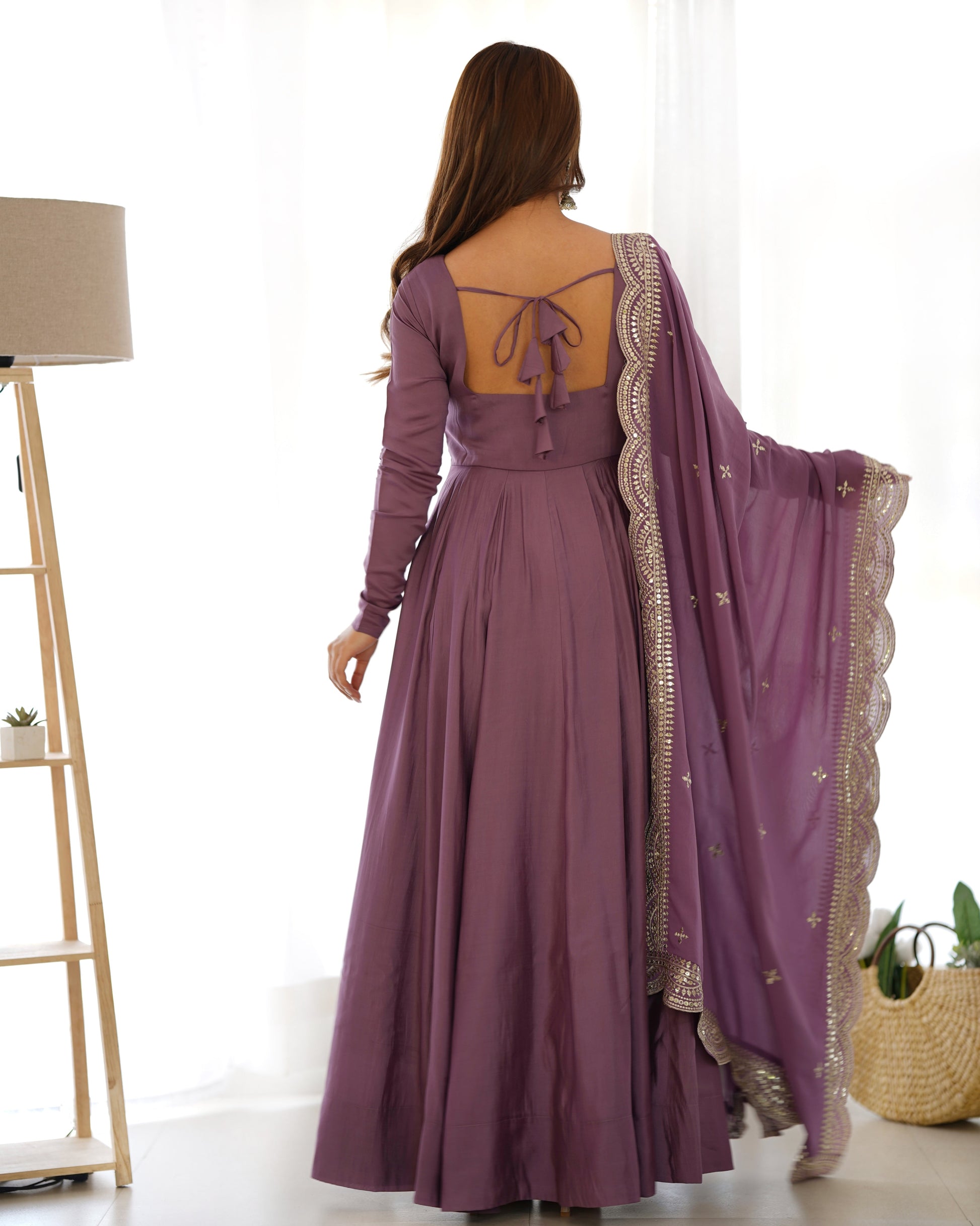 Lorenvalley Fashion Mauve Pure Roman Silk Chanderi Fabric Fully Flared Anarkali Pant With Dupatta Set - Mauve 
