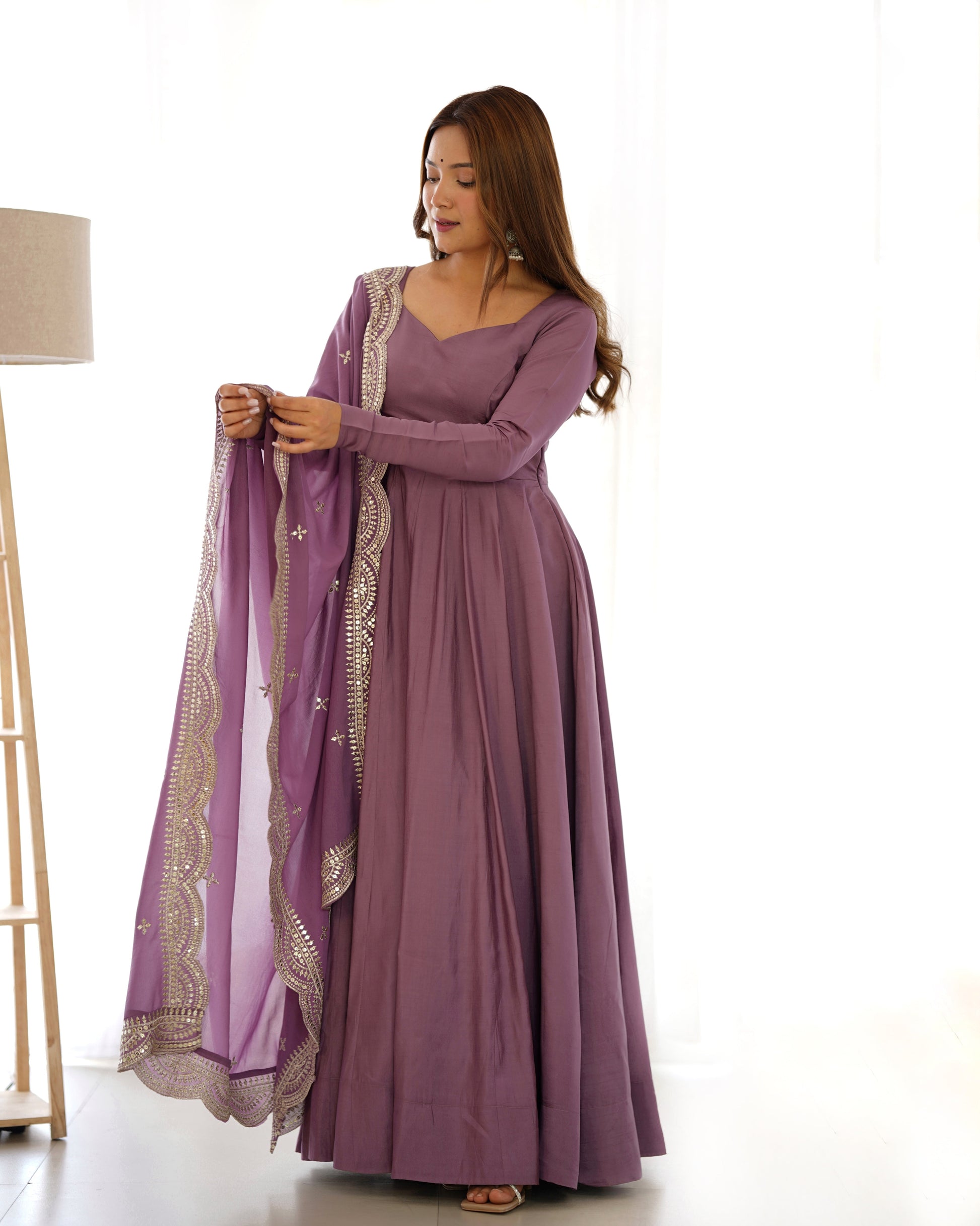 Lorenvalley Fashion Mauve Pure Roman Silk Chanderi Fabric Fully Flared Anarkali Pant With Dupatta Set - Mauve 