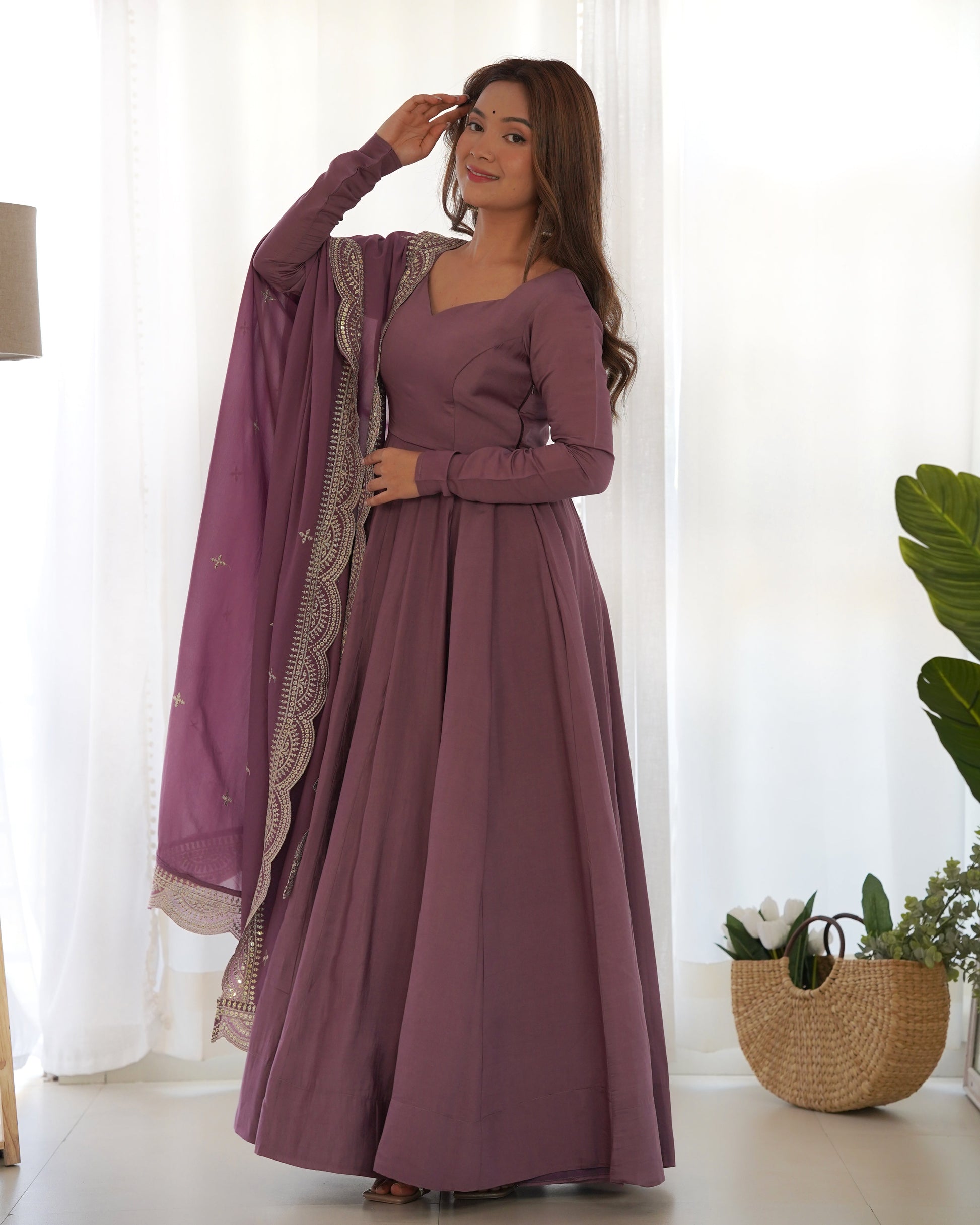 Lorenvalley Fashion Mauve Pure Roman Silk Chanderi Fabric Fully Flared Anarkali Pant With Dupatta Set - Mauve 