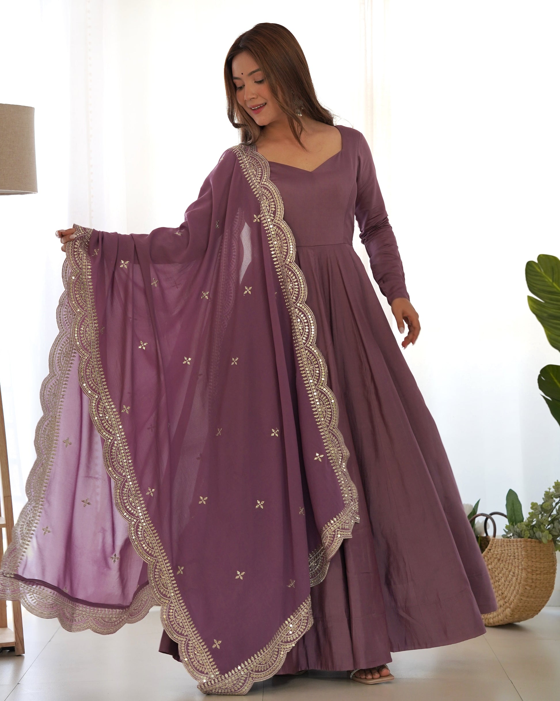 Lorenvalley Fashion Mauve Pure Roman Silk Chanderi Fabric Fully Flared Anarkali Pant With Dupatta Set - Mauve 