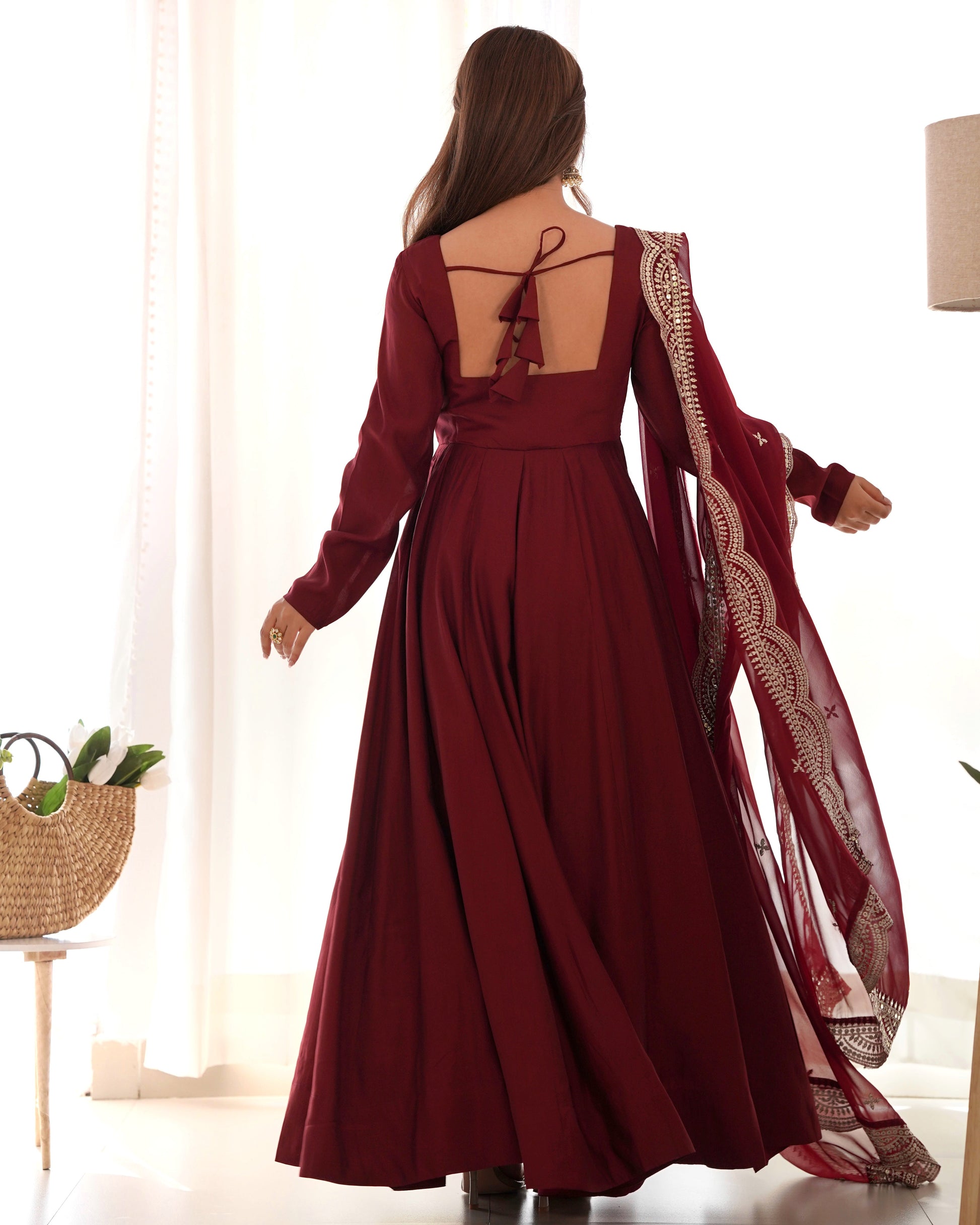 Lorenvalley Fashion Maroon Pure Roman Silk Chanderi Fabric Fully Flared Anarkali Pant With Dupatta Set - Maroon 