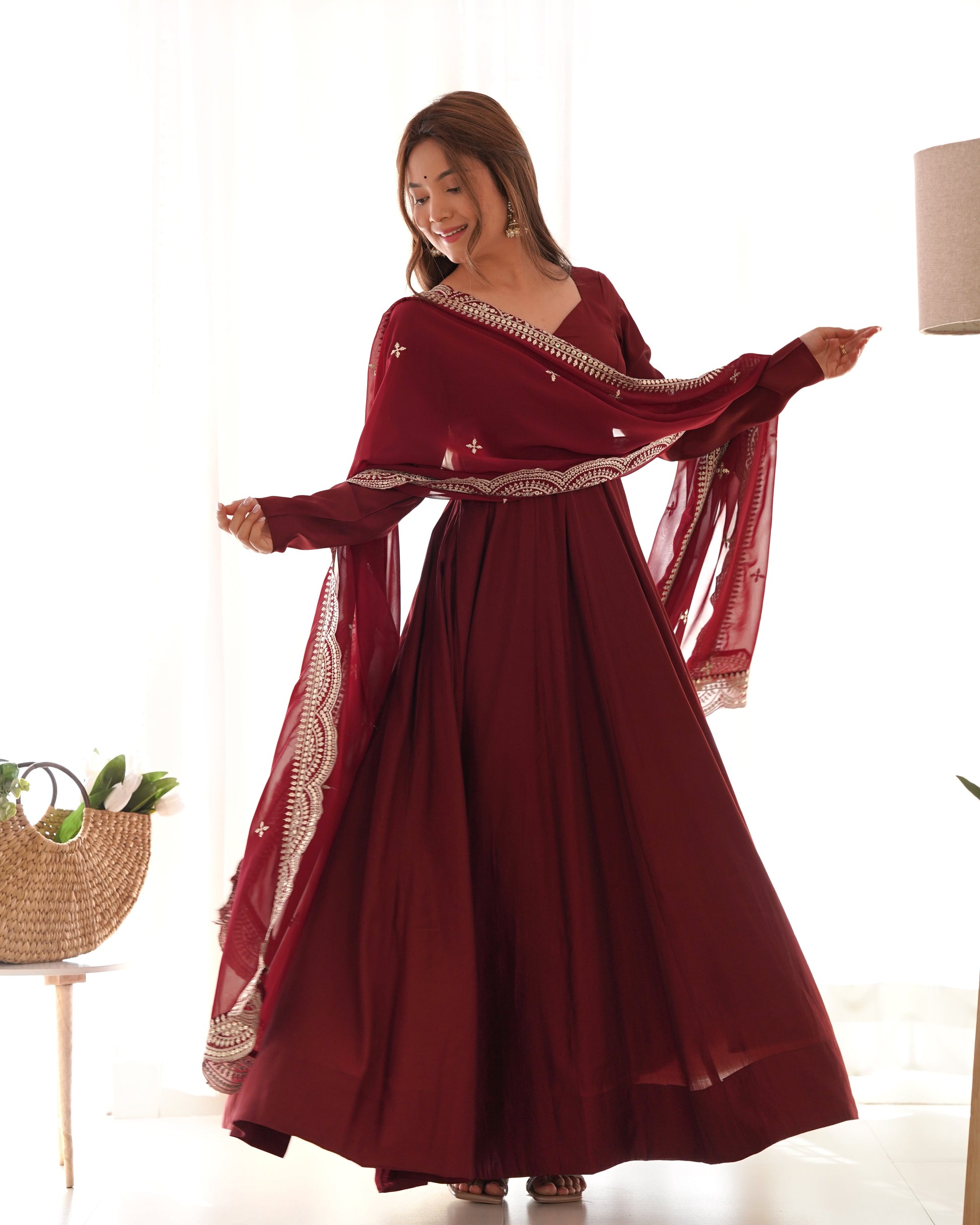 Lorenvalley Fashion Maroon Pure Roman Silk Chanderi Fabric Fully Flared Anarkali Pant With Dupatta Set - Maroon 