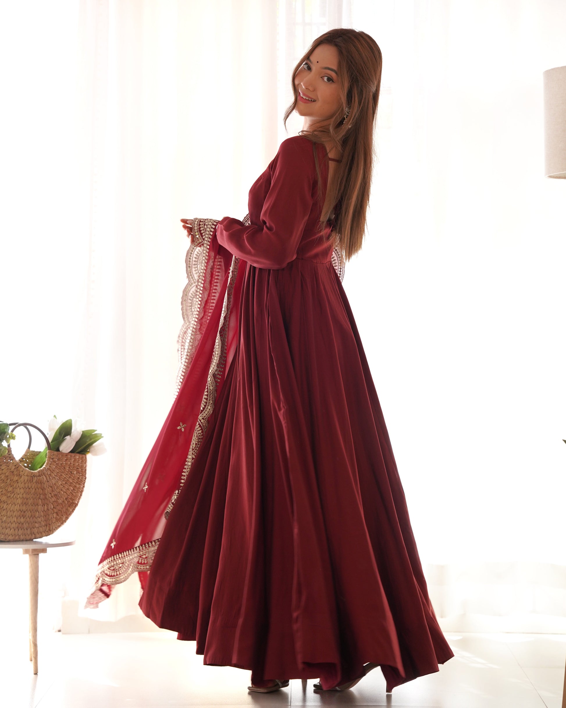 Lorenvalley Fashion Maroon Pure Roman Silk Chanderi Fabric Fully Flared Anarkali Pant With Dupatta Set - Maroon 
