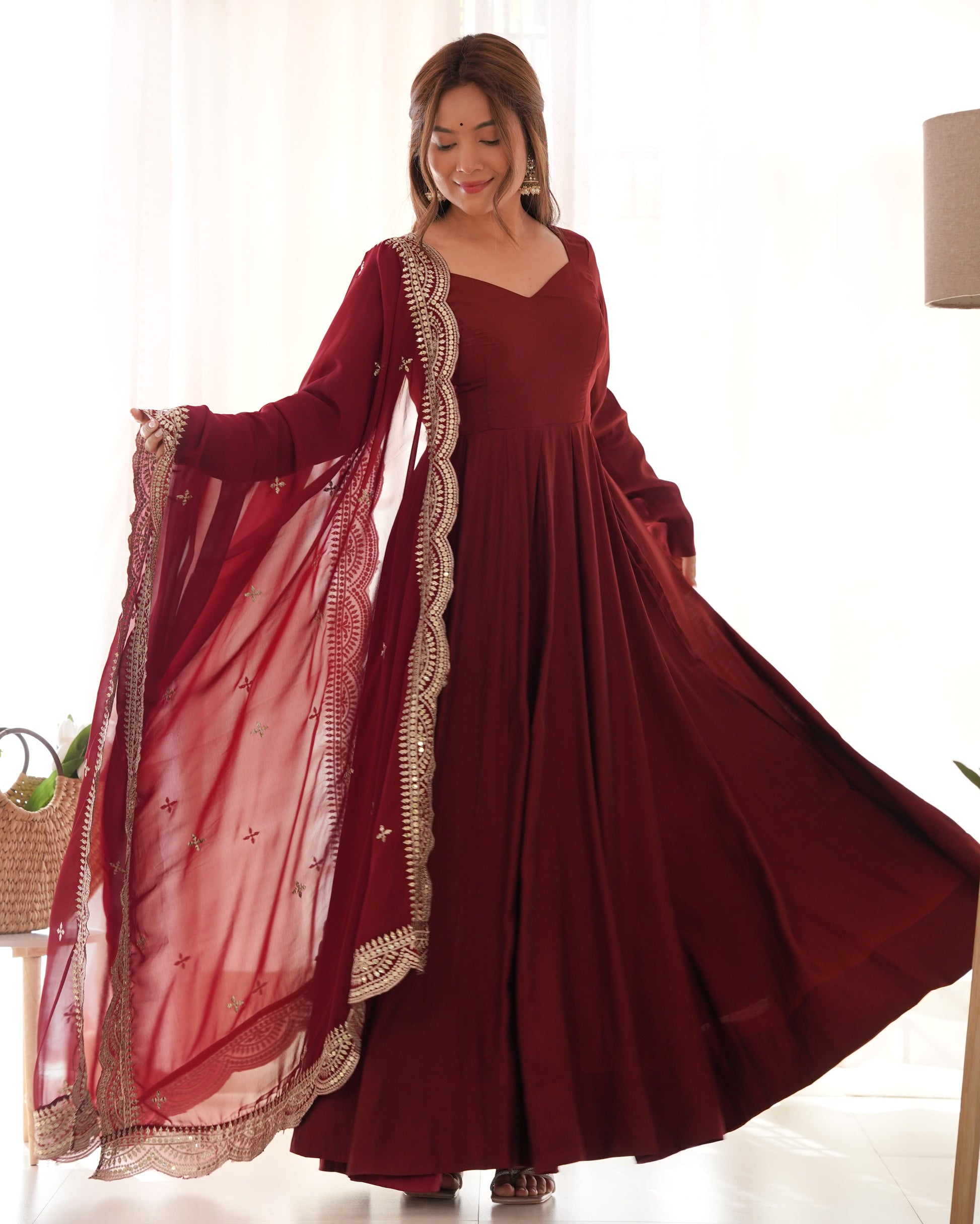 Lorenvalley Fashion Maroon Pure Roman Silk Chanderi Fabric Fully Flared Anarkali Pant With Dupatta Set - Maroon 