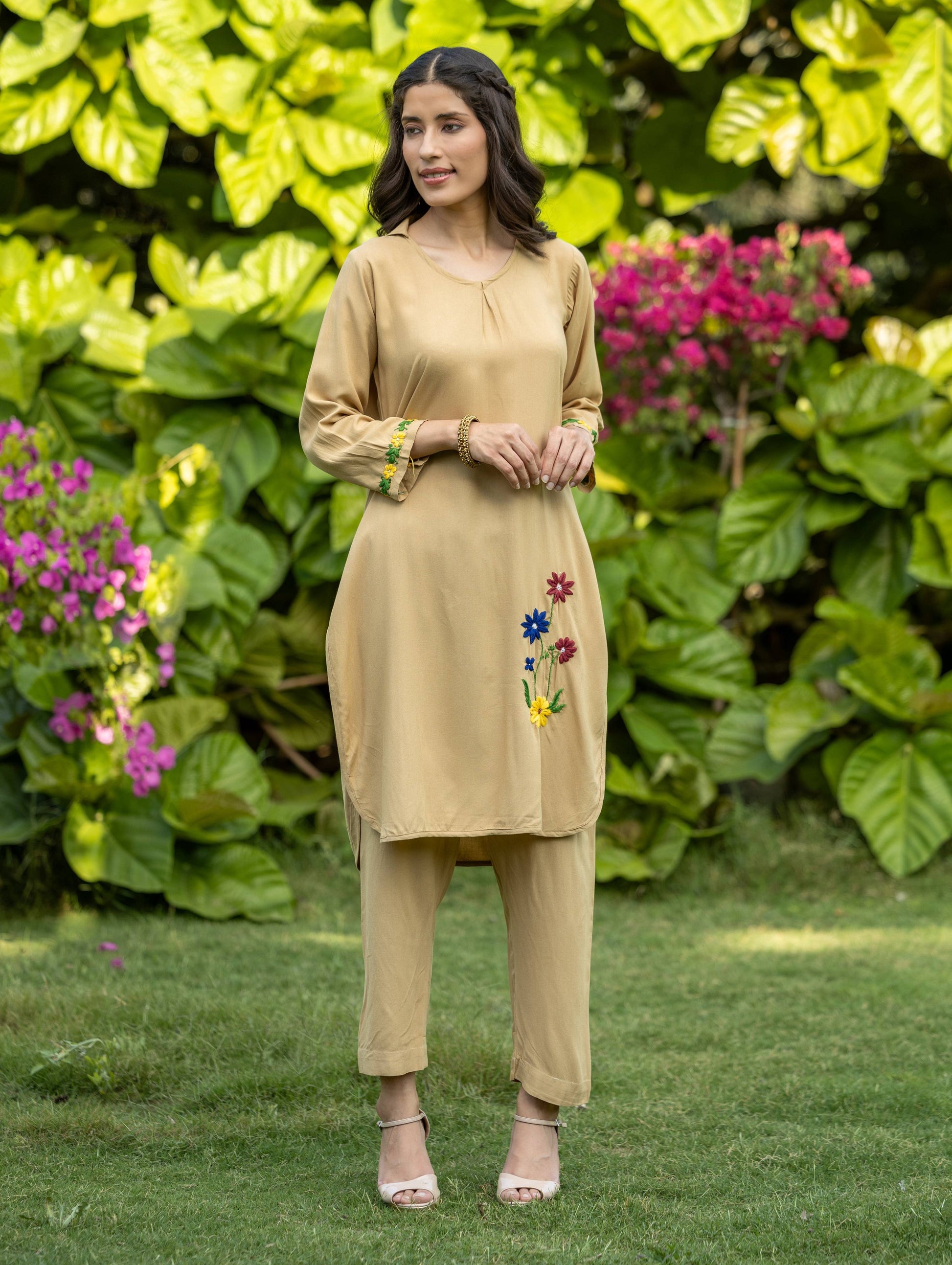 Gharana India Luxury Rayon Beige Chikankari Kurta Set 