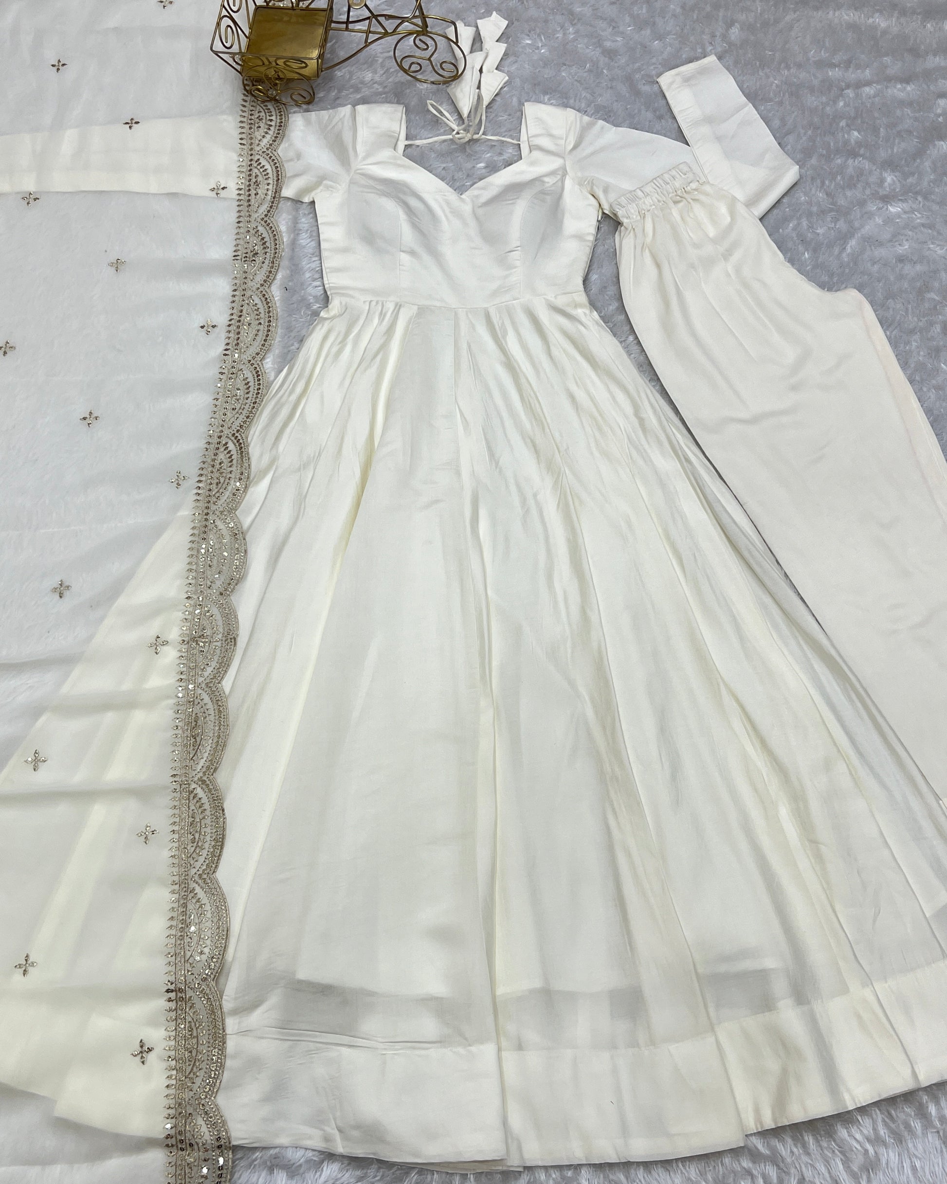 Lorenvalley Fashion Offwhite Pure Roman Silk Chanderi Fabric Fully Flared Anarkali Pant With Dupatta Set - Off White 