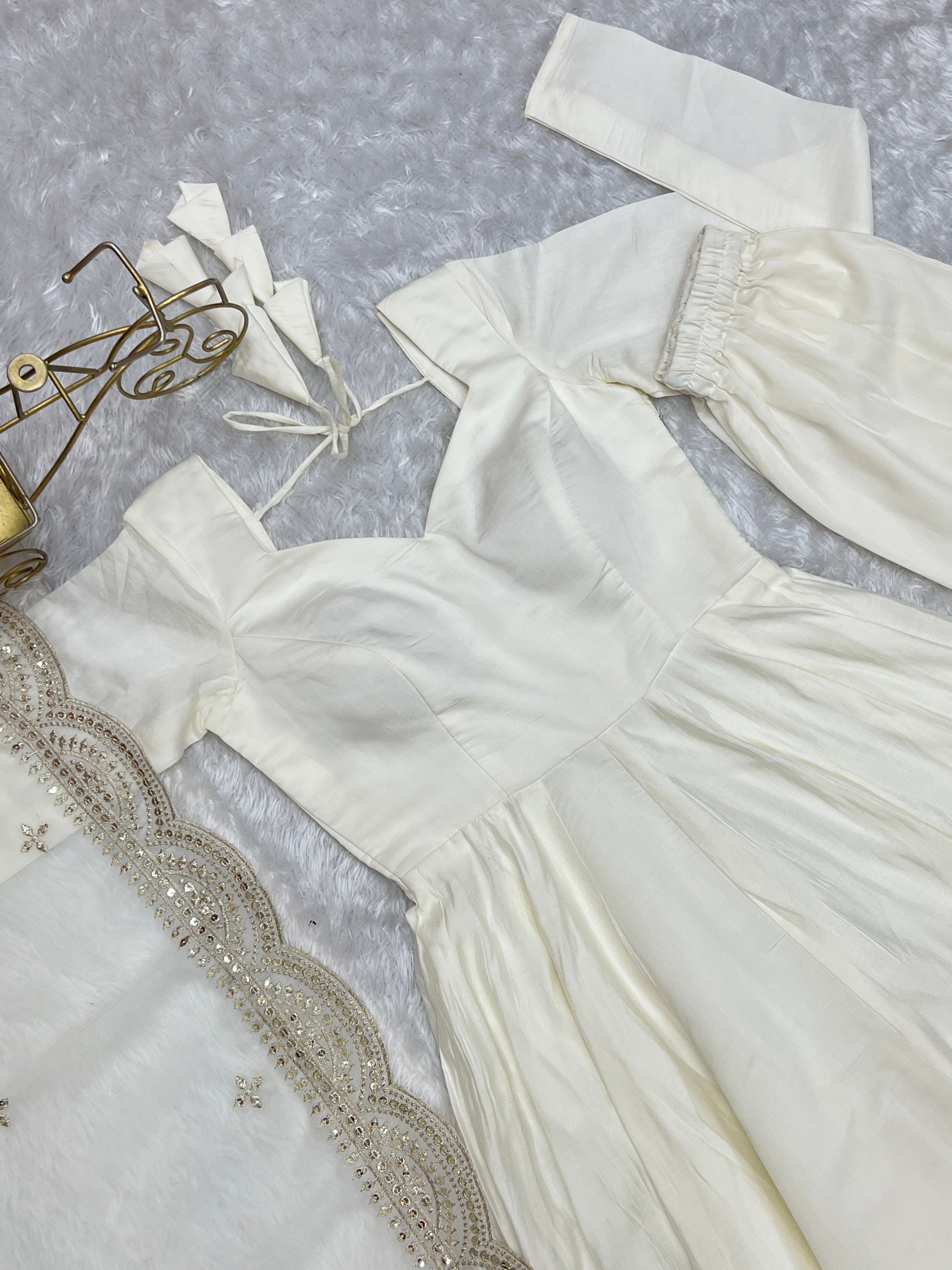 Lorenvalley Fashion Offwhite Pure Roman Silk Chanderi Fabric Fully Flared Anarkali Pant With Dupatta Set - Off White 