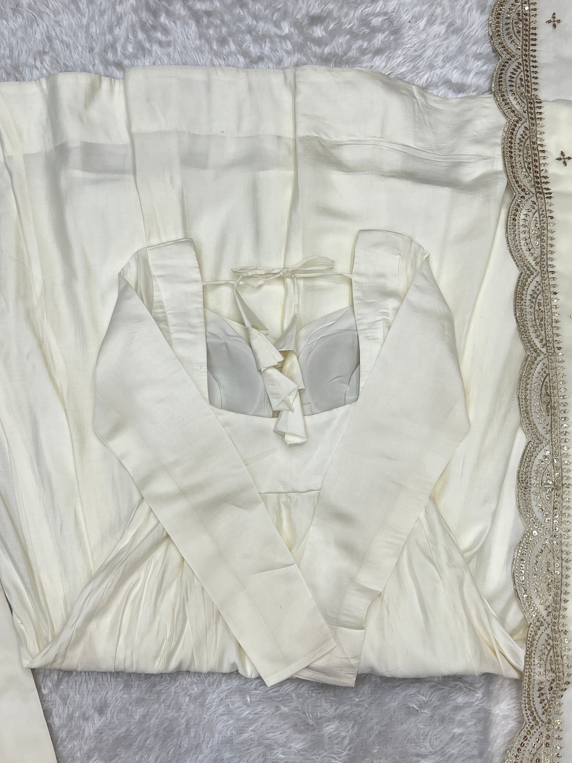 Lorenvalley Fashion Offwhite Pure Roman Silk Chanderi Fabric Fully Flared Anarkali Pant With Dupatta Set - Off White 