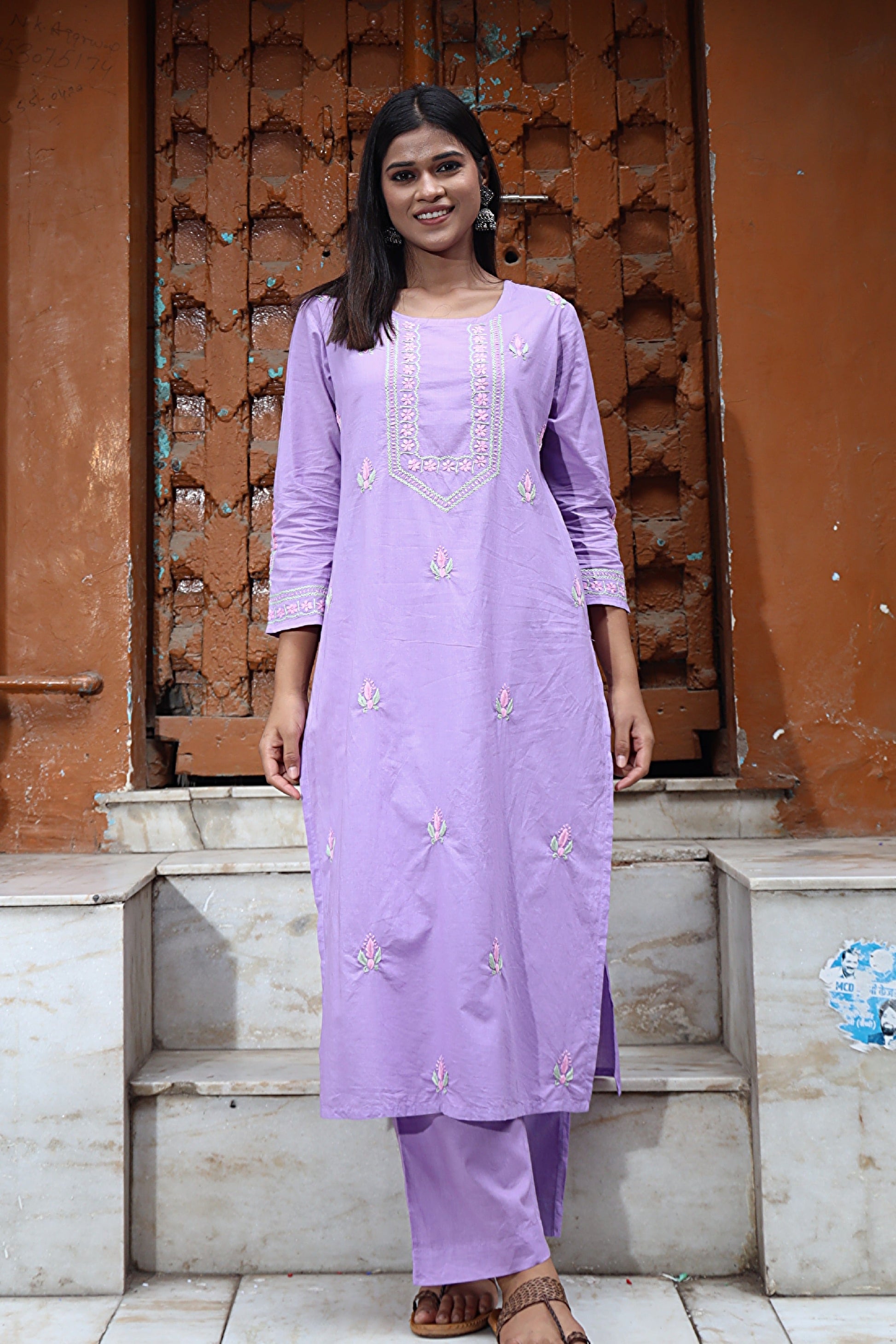 Gharana India Mul Cotton Lilac Chikankari Kurta Set - 2Pc 