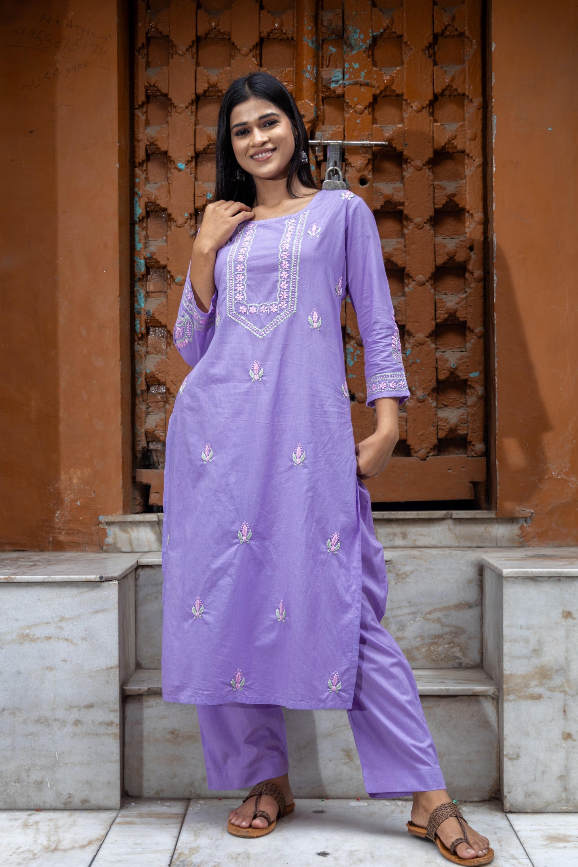 Gharana India Mul Cotton Lilac Chikankari Kurta Set - 2Pc 