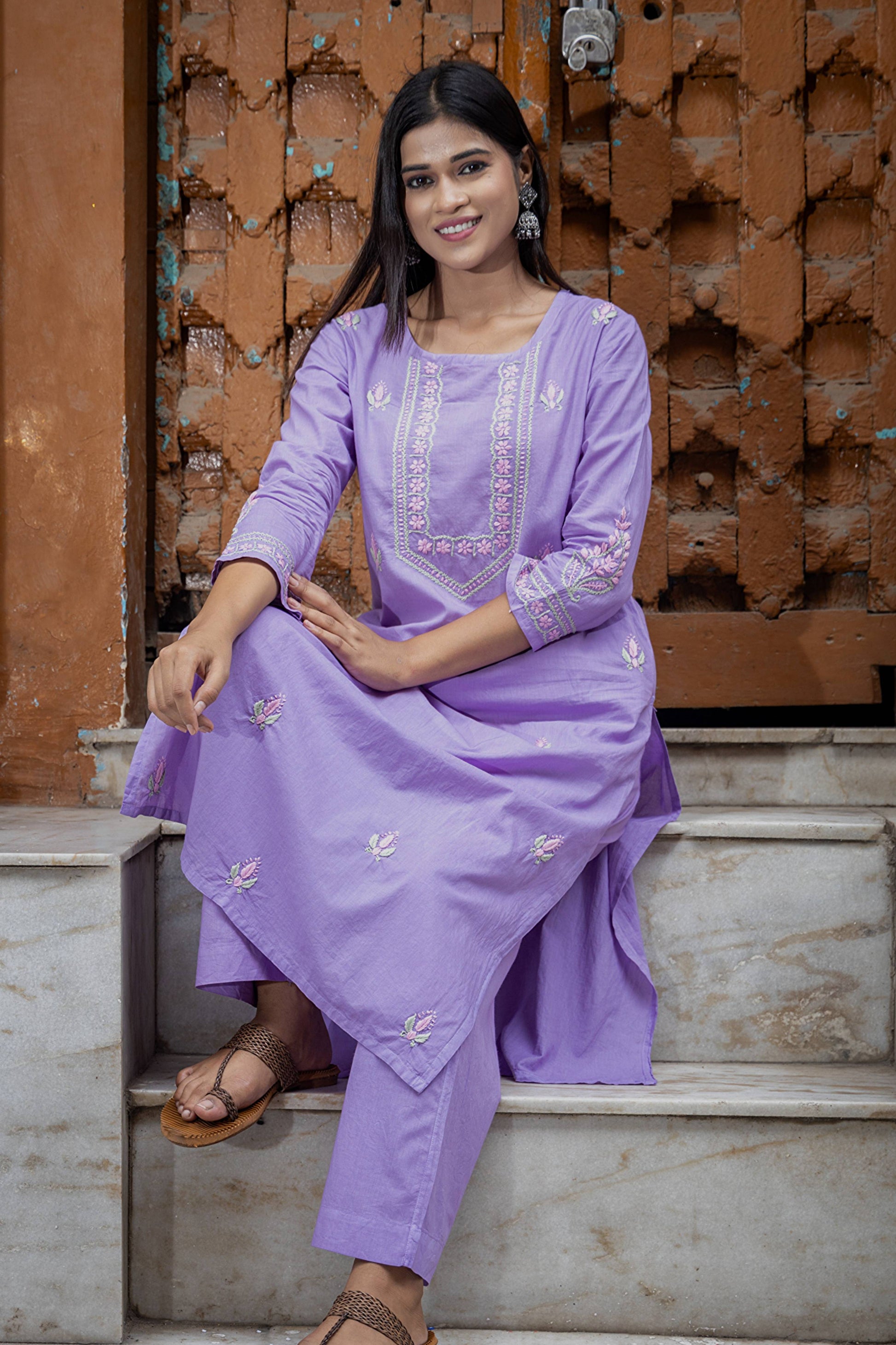 Gharana India Mul Cotton Lilac Chikankari Kurta Set - 2Pc 