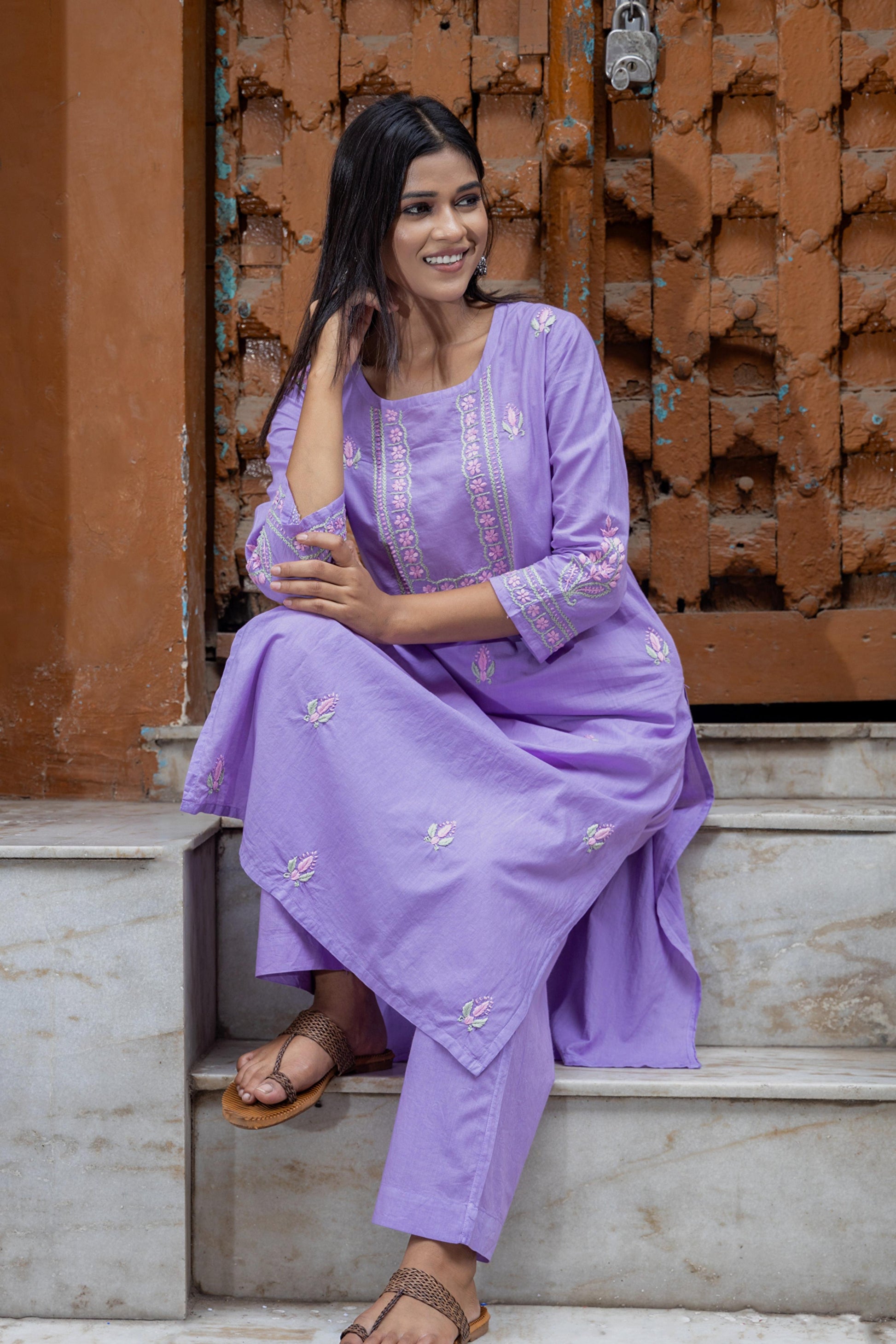 Gharana India Mul Cotton Lilac Chikankari Kurta Set - 2Pc 