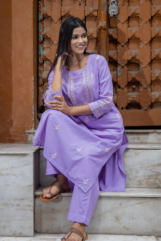 Gharana India Mul Cotton Lilac Chikankari Kurta Set - 2Pc 