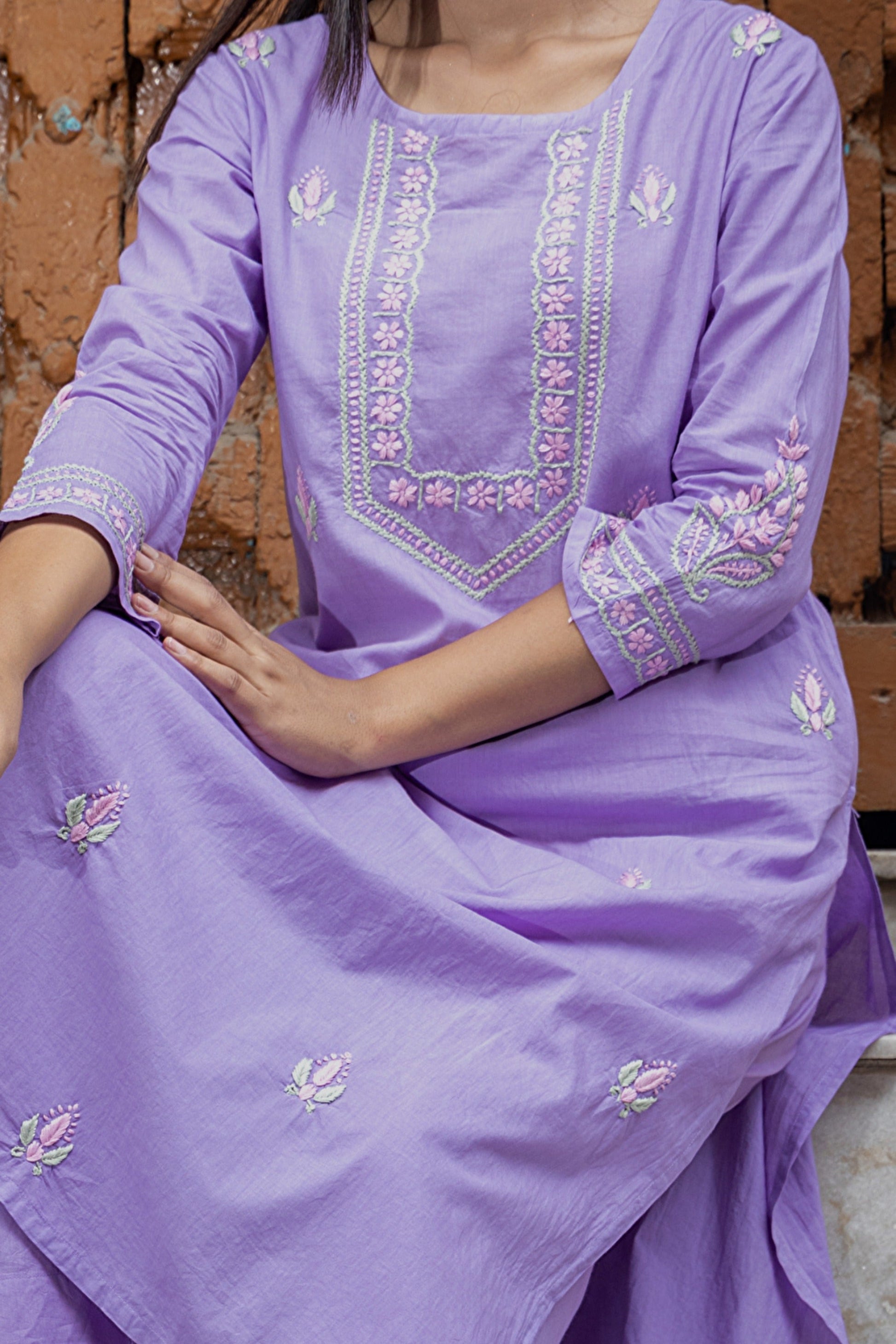 Gharana India Mul Cotton Lilac Chikankari Kurta Set - 2Pc 