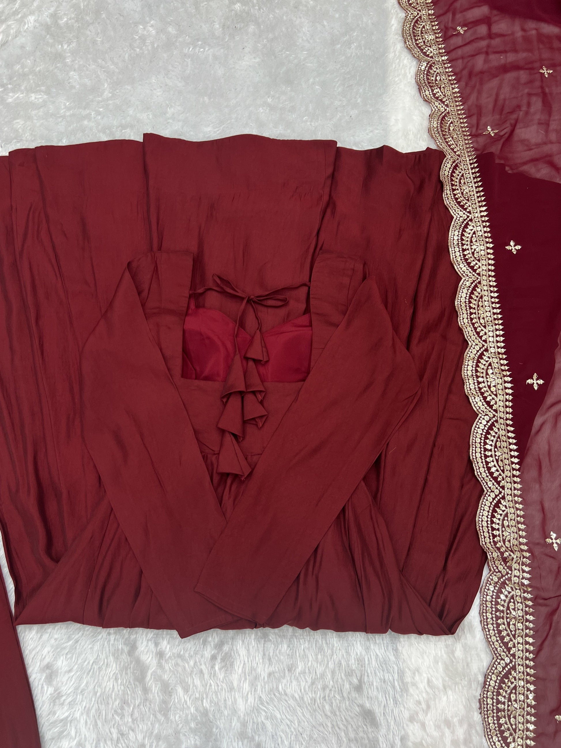 Lorenvalley Fashion Maroon Pure Roman Silk Chanderi Fabric Fully Flared Anarkali Pant With Dupatta Set - Maroon 