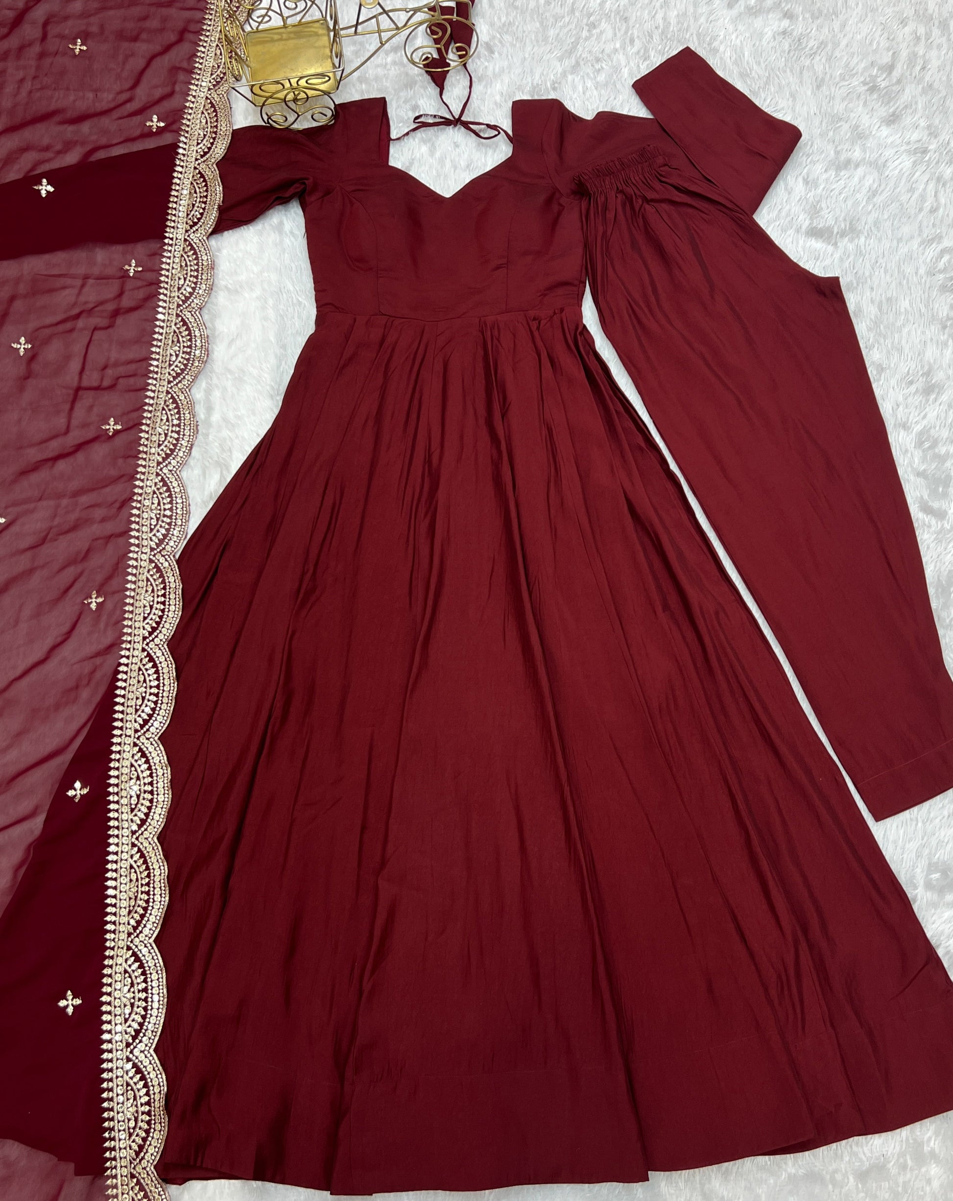 Lorenvalley Fashion Maroon Pure Roman Silk Chanderi Fabric Fully Flared Anarkali Pant With Dupatta Set - Maroon 