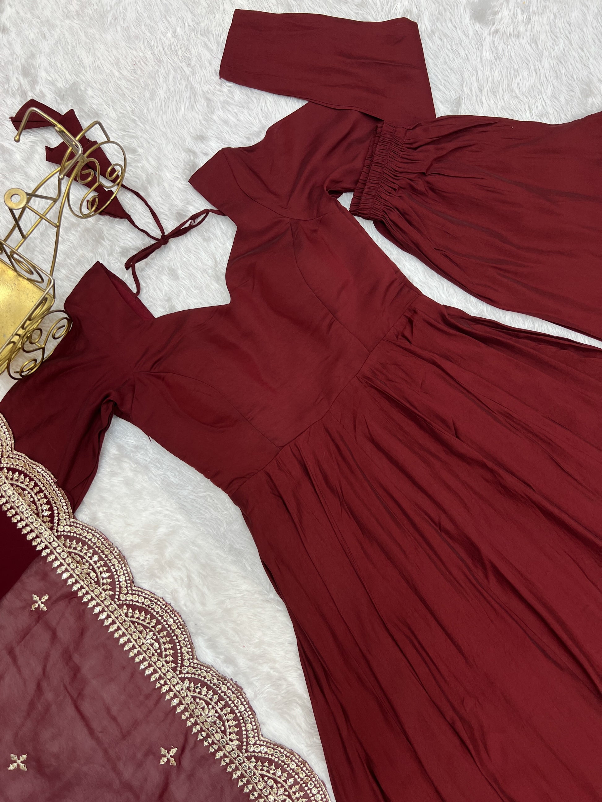 Lorenvalley Fashion Maroon Pure Roman Silk Chanderi Fabric Fully Flared Anarkali Pant With Dupatta Set - Maroon 