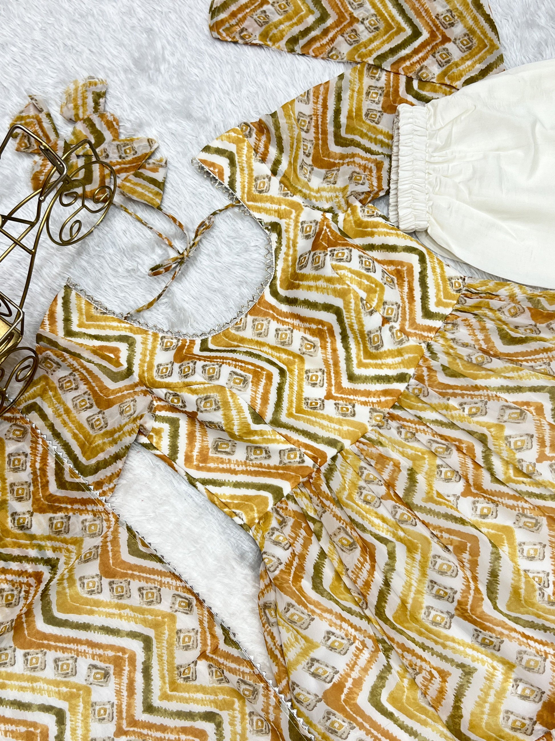 Lorenvalley Fashion Yellow Pure Faux Georgette Zigzag Print Fully Flair Anarkali Pant With Dupatta - Yellow 
