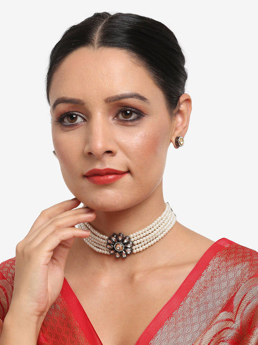 Silver-Plated Kundan Pearl Choker With Studs - Ruby Raang - Grab2buy