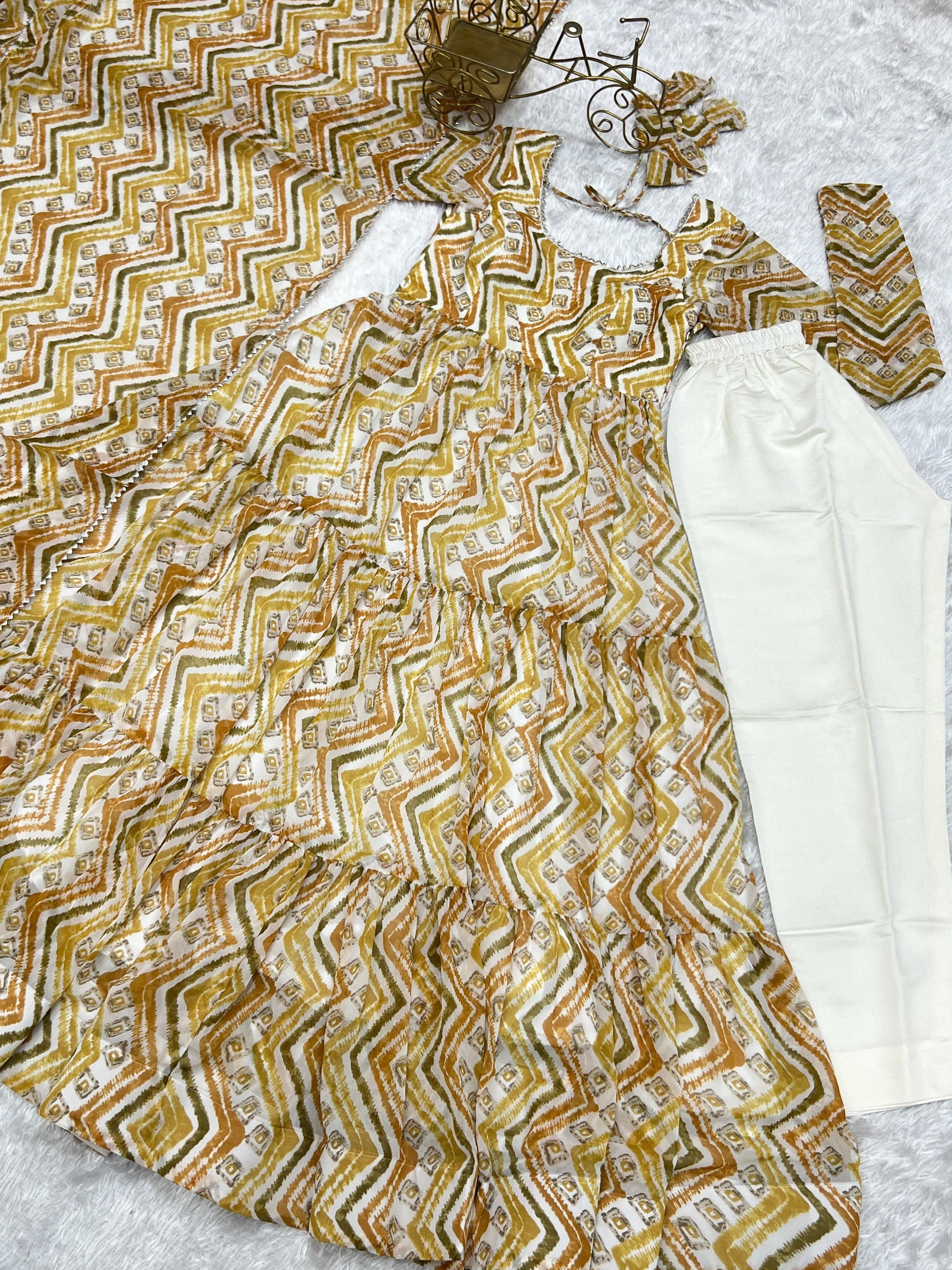 Lorenvalley Fashion Yellow Pure Faux Georgette Zigzag Print Fully Flair Anarkali Pant With Dupatta - Yellow 