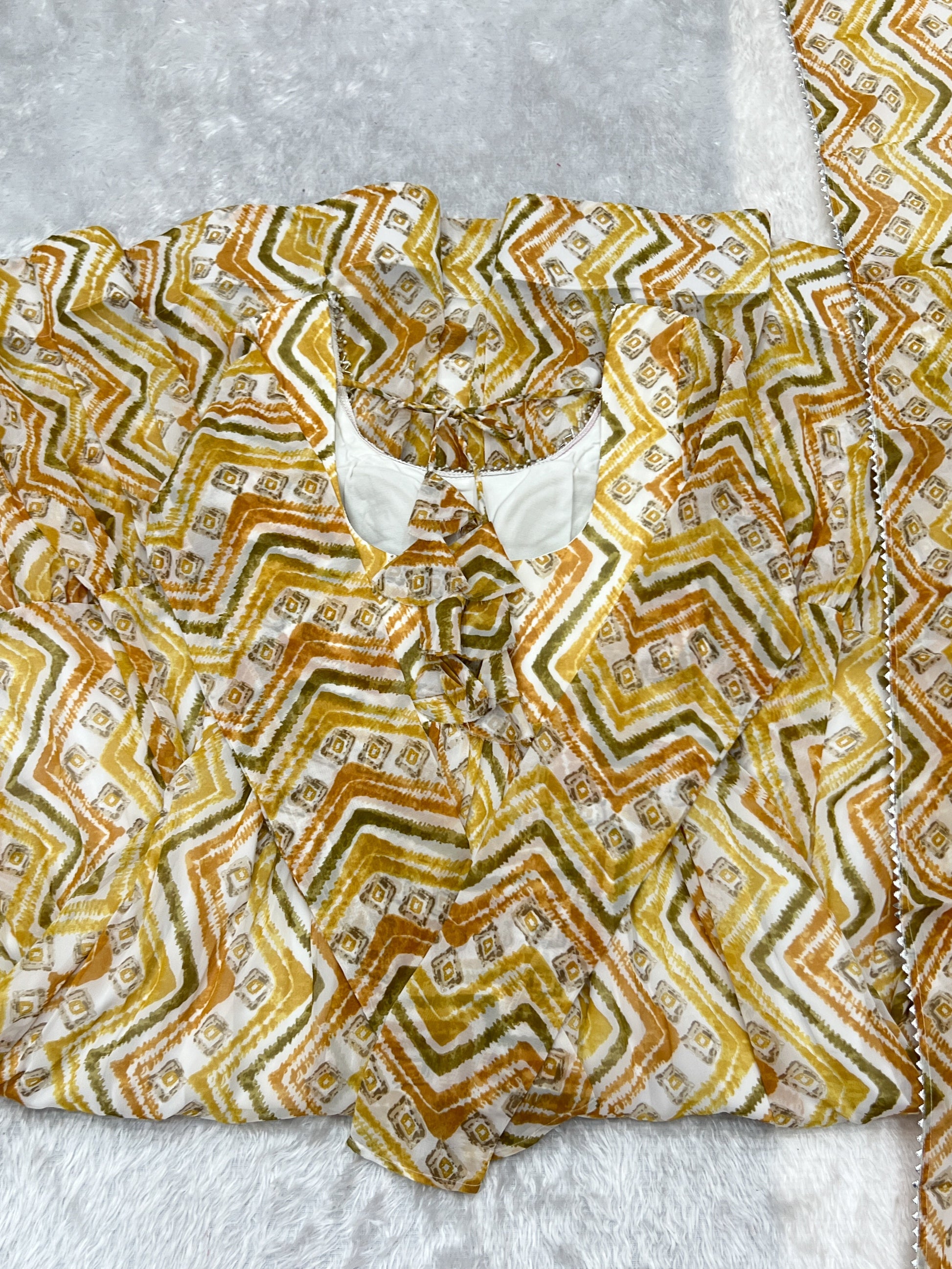 Lorenvalley Fashion Yellow Pure Faux Georgette Zigzag Print Fully Flair Anarkali Pant With Dupatta - Yellow 