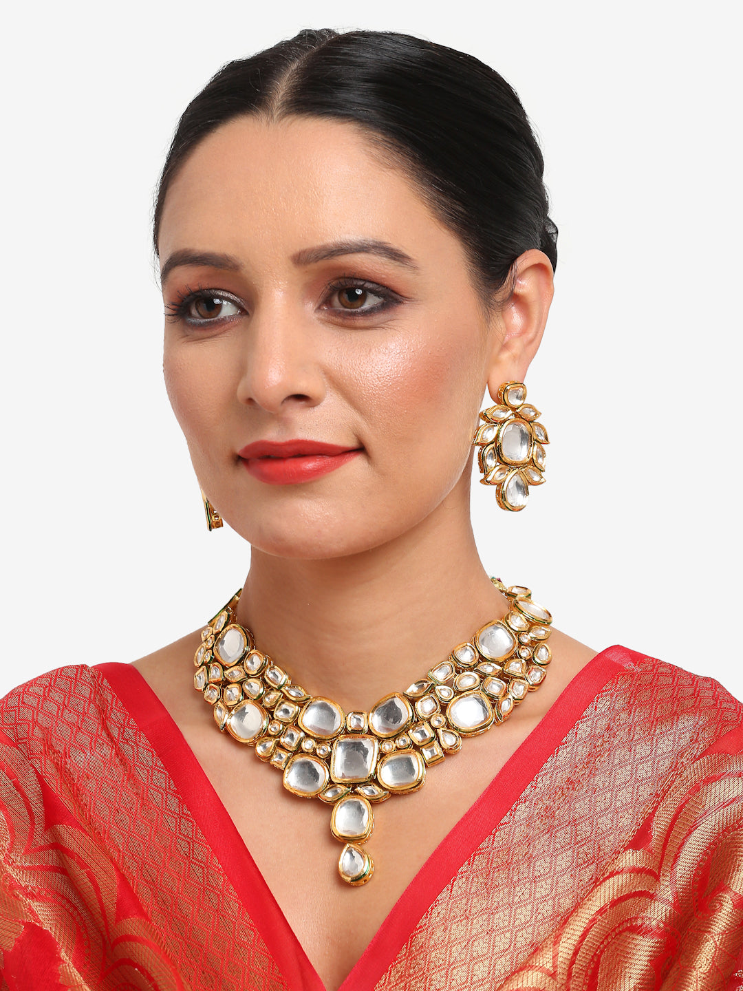 Gold-Toned Kundan Necklace With Earrings - Ruby Raang | Grab2Buy