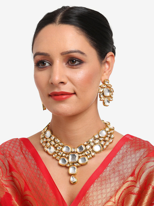 Gold-Toned Kundan Necklace With Earrings - Ruby Raang | Grab2Buy