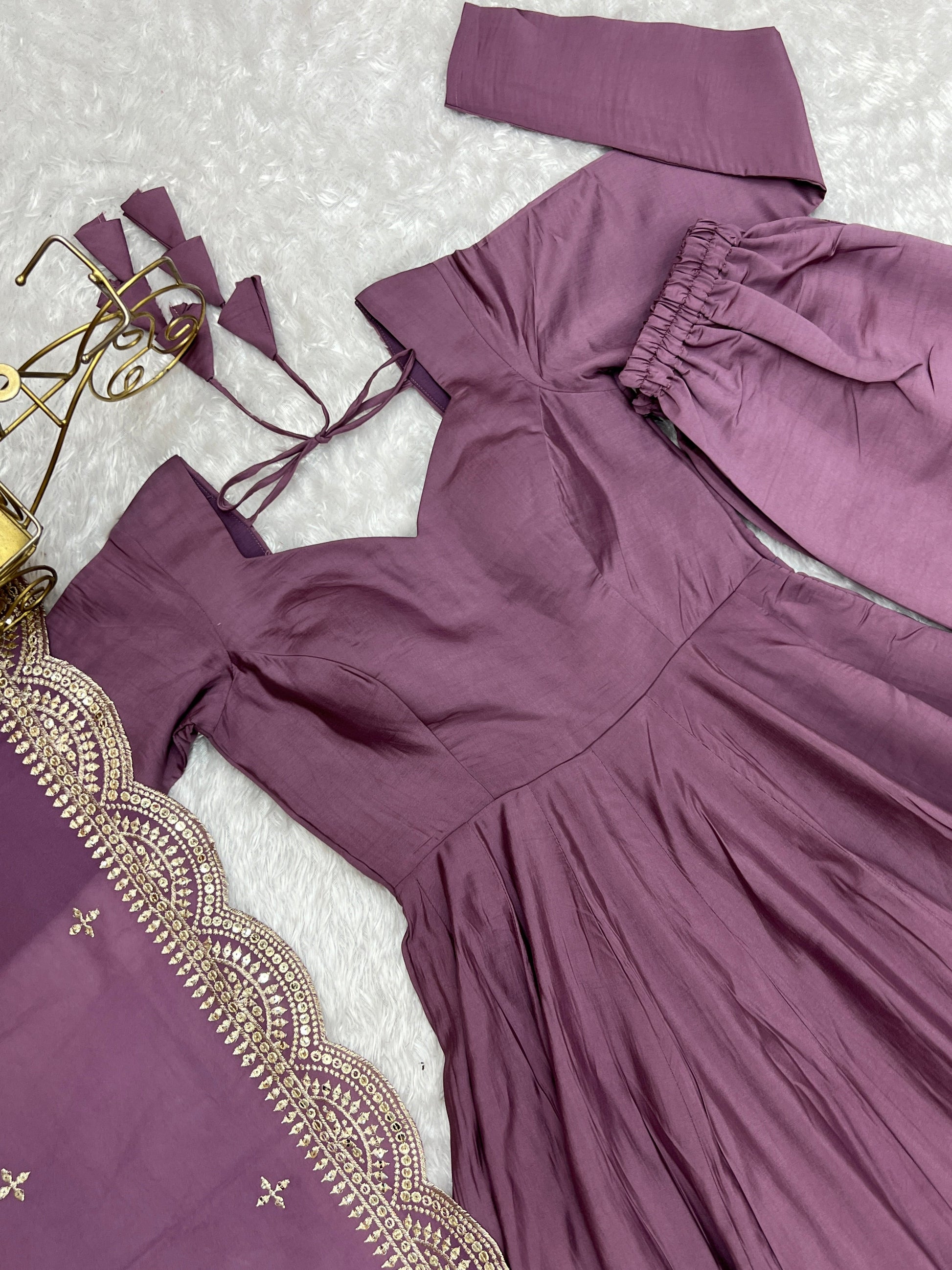 Lorenvalley Fashion Mauve Pure Roman Silk Chanderi Fabric Fully Flared Anarkali Pant With Dupatta Set - Mauve 