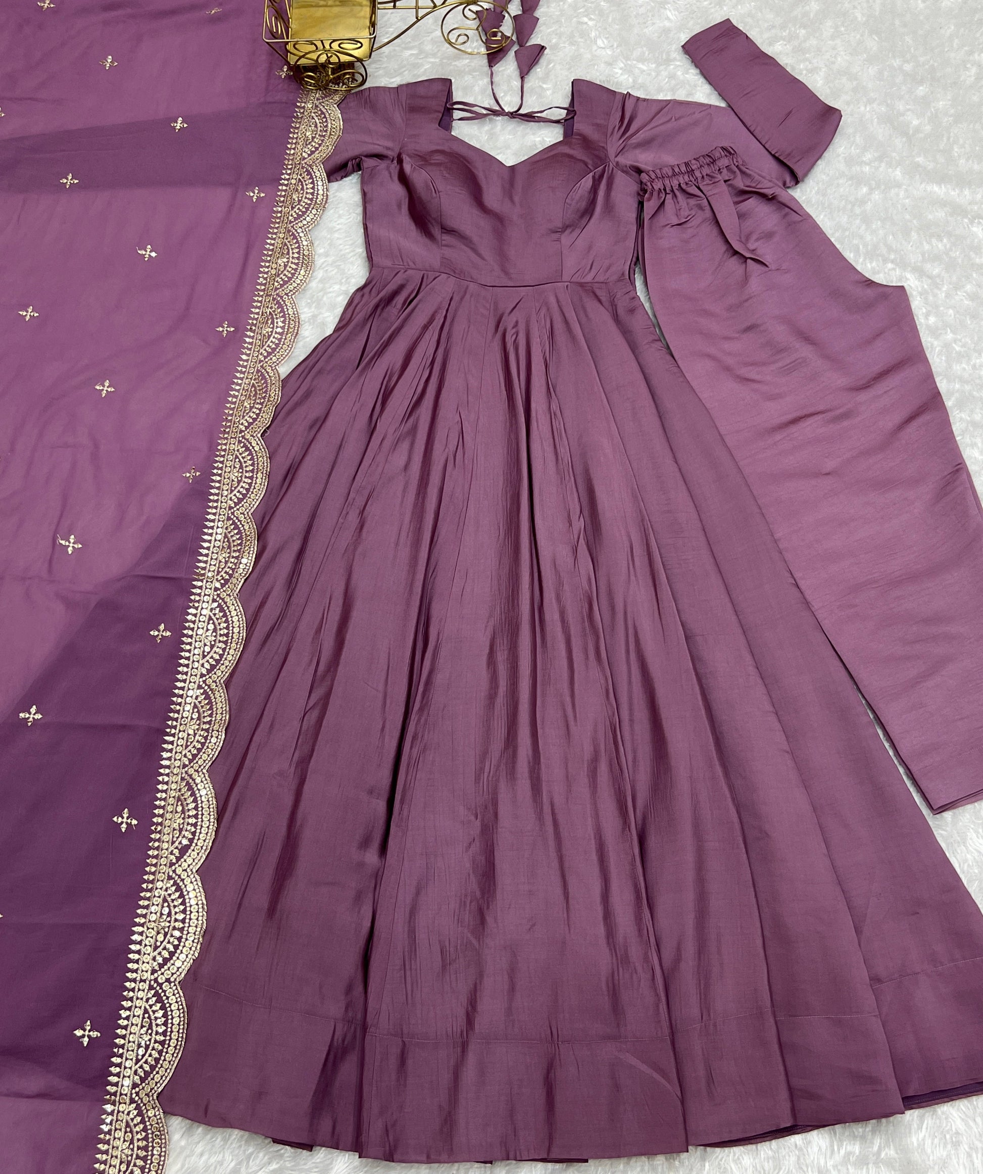 Lorenvalley Fashion Mauve Pure Roman Silk Chanderi Fabric Fully Flared Anarkali Pant With Dupatta Set - Mauve 