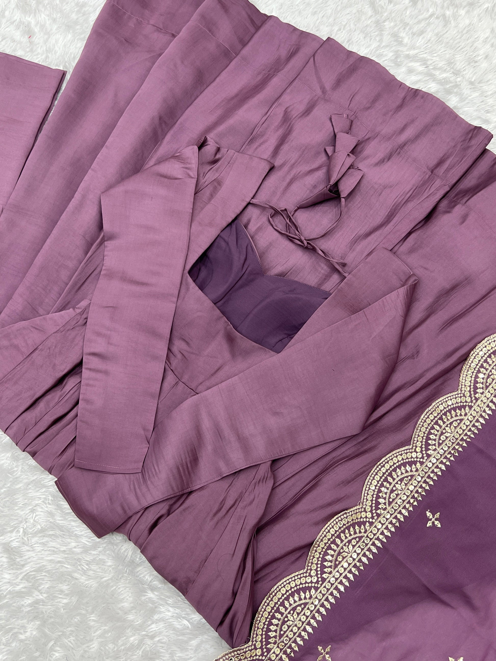 Lorenvalley Fashion Mauve Pure Roman Silk Chanderi Fabric Fully Flared Anarkali Pant With Dupatta Set - Mauve 