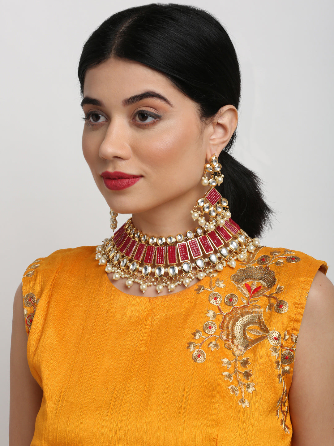 Long Kundan Neckpiece With Earrings - Ruby Raang - Grab2buy