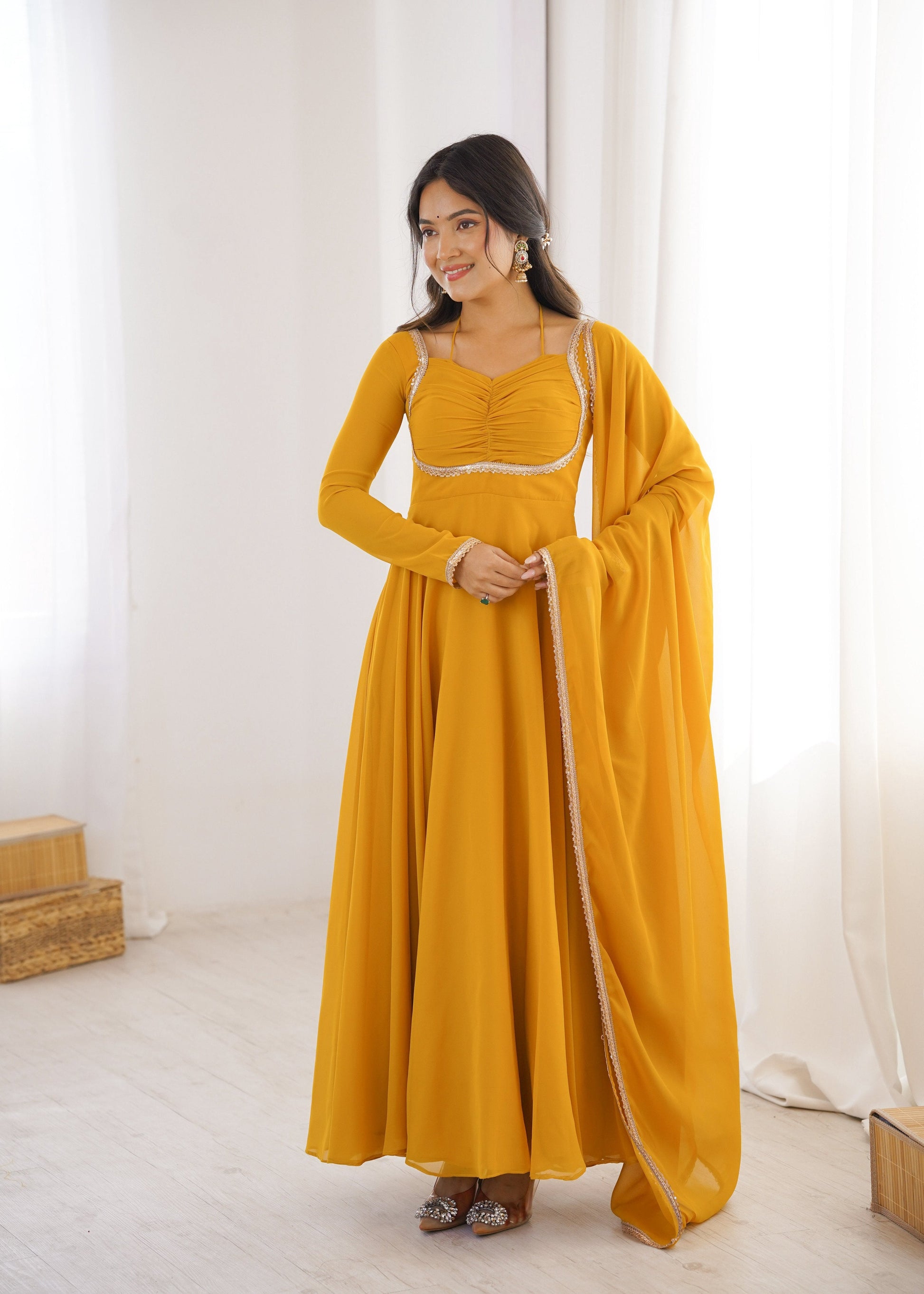 Evanik Yellow Georgette Plain Fully Flair Gown Dupatta