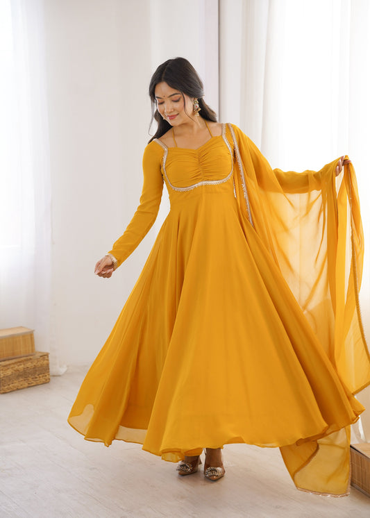 Evanik Yellow Georgette Plain Fully Flair Gown Dupatta