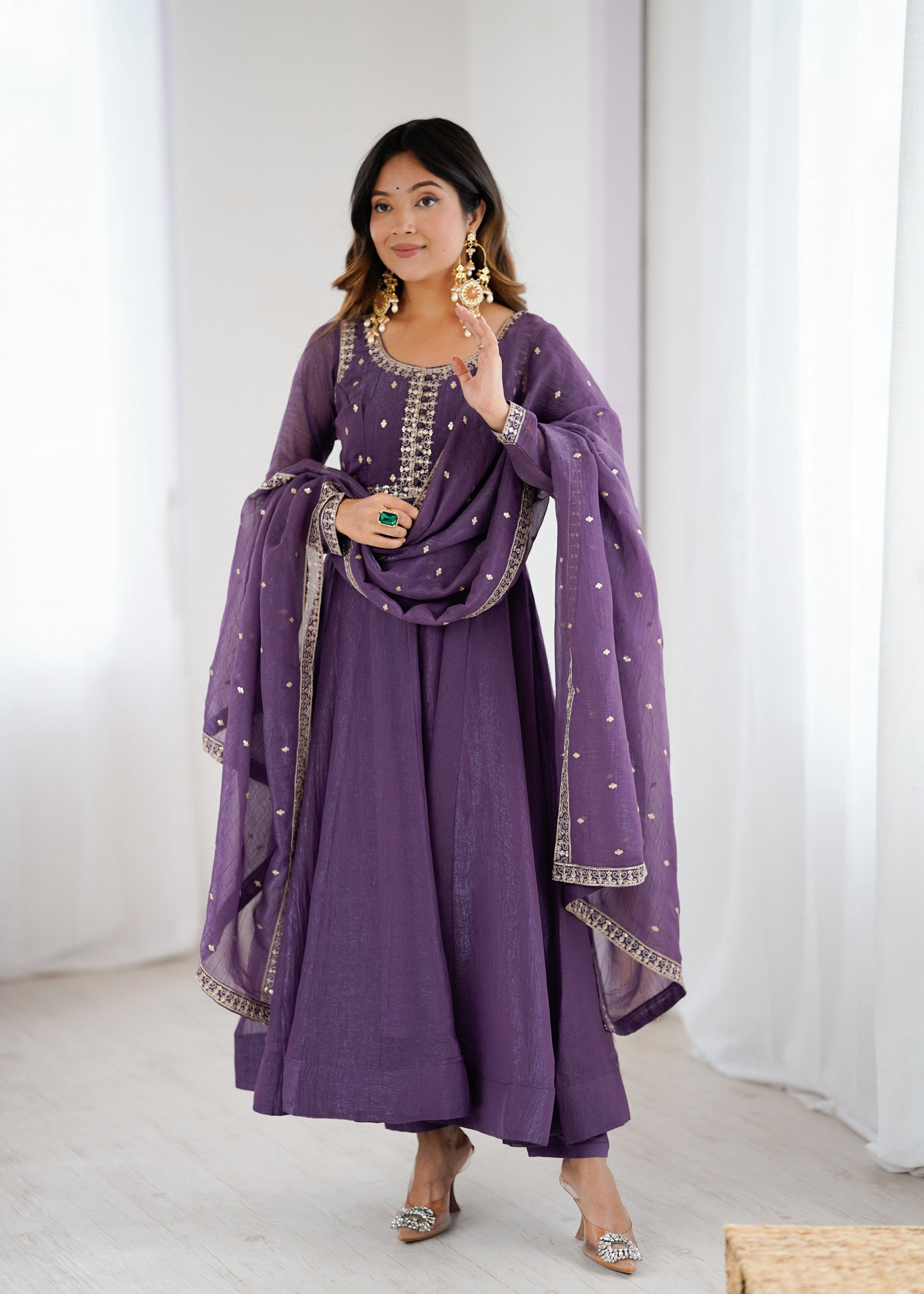 Evanik Lavender Crunchy Silk With Embroidered Zari Dori Work Anarkali Set