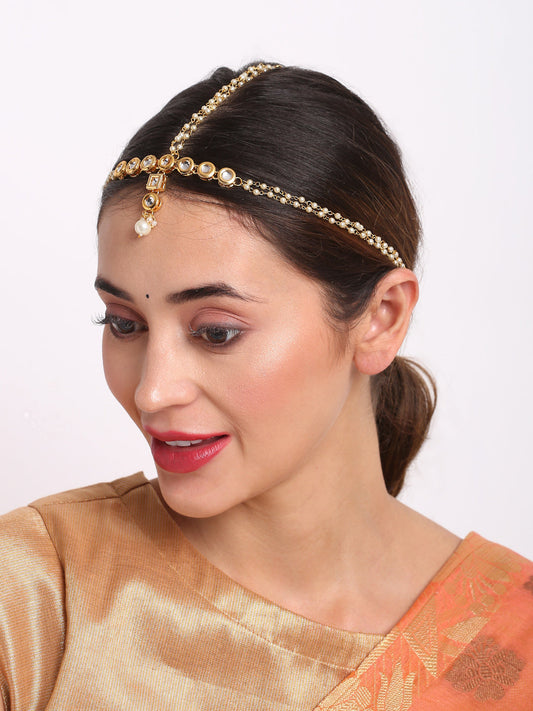 Gold Plated White Kundan Beaded Matha Patti - Ruby Raang - Grab2buy
