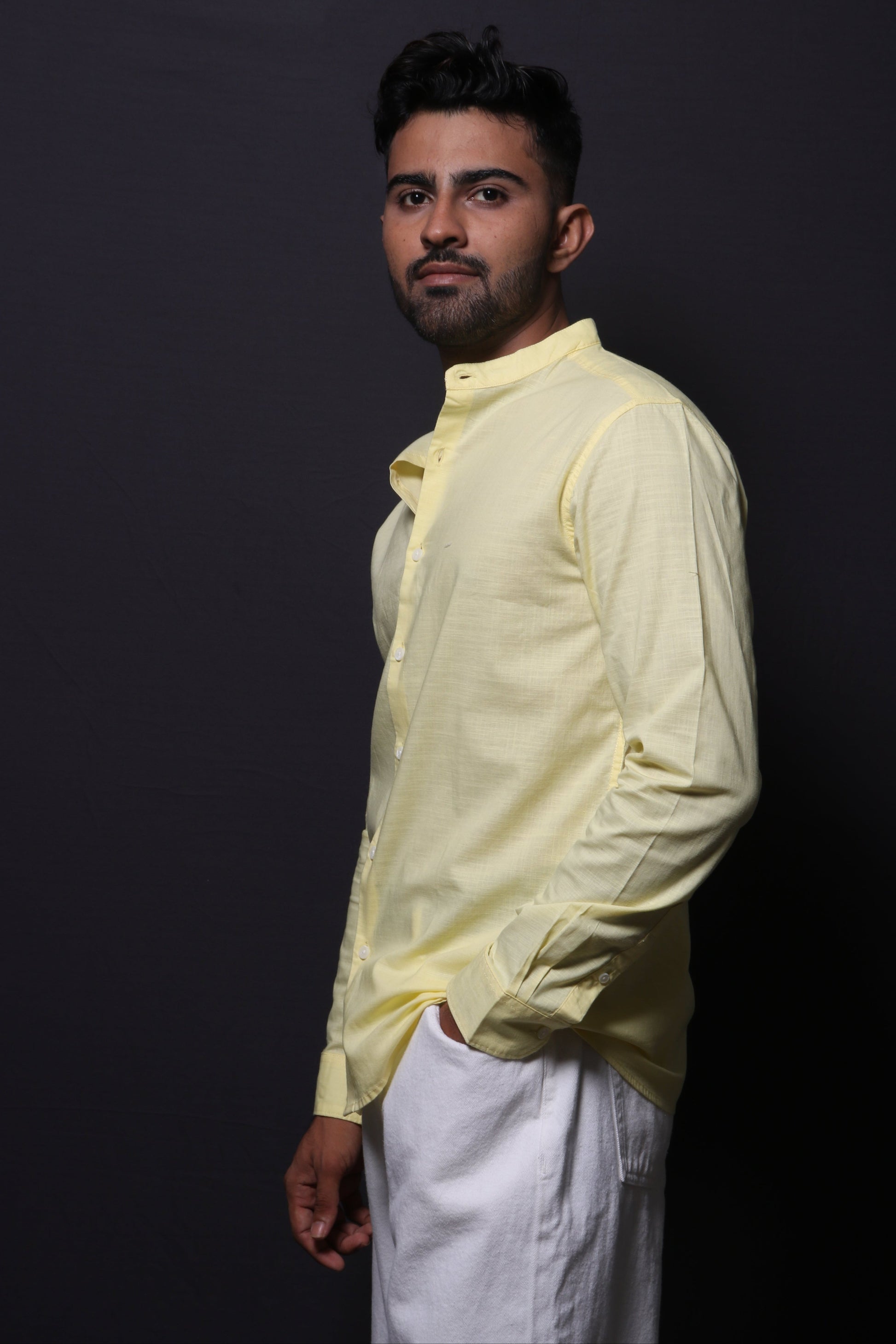 Jonesburg Yellow Slub Mandarin Collar Slim Fit Shirt