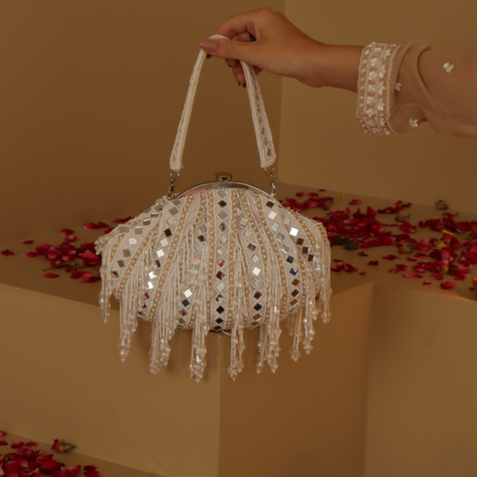 New Stylish Partywear White Mirror Work Potli Bag for Womens by House of Ree
